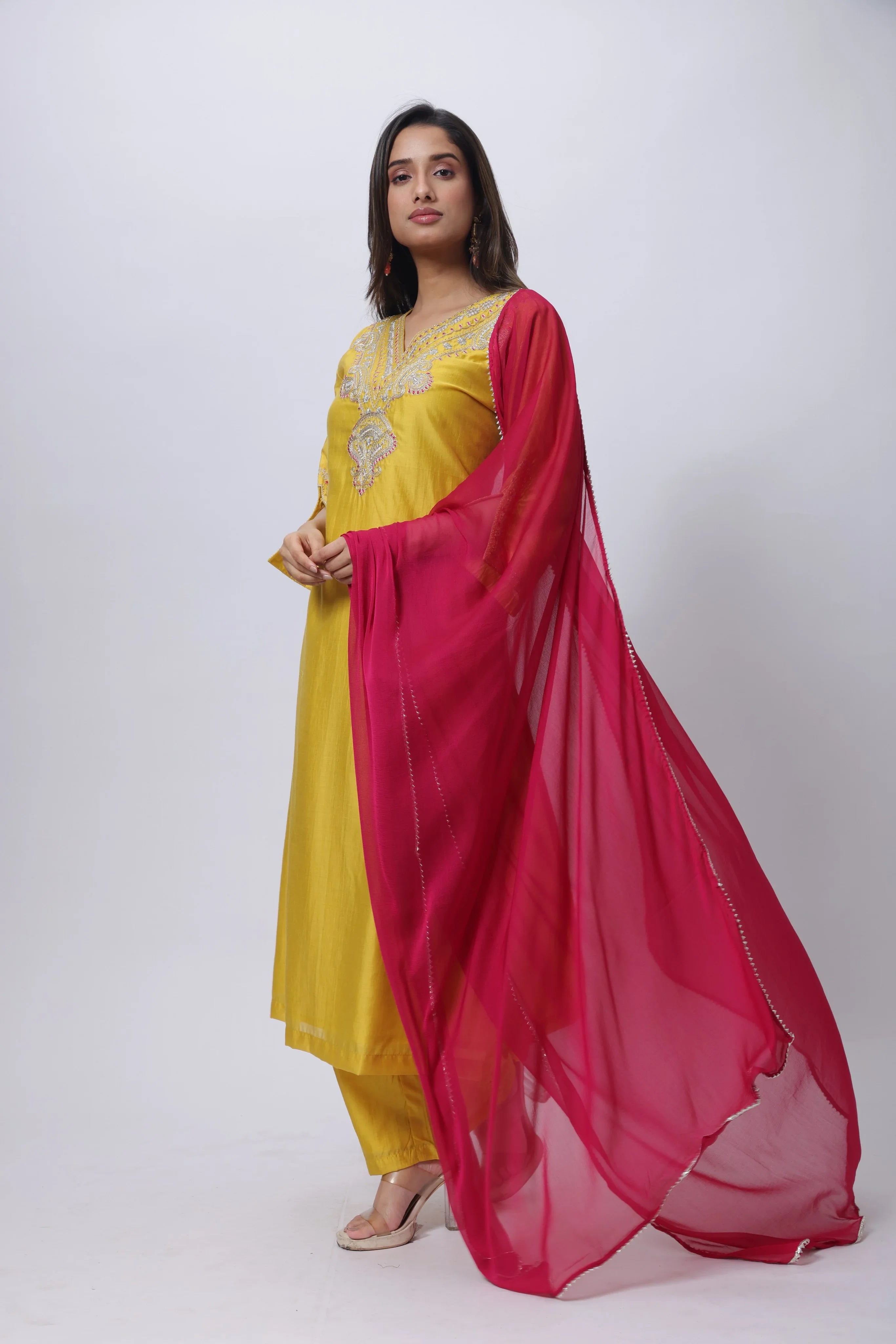 Embroidered Three Piece Suit Set with a Contrast Dupatta in Mango Yellow