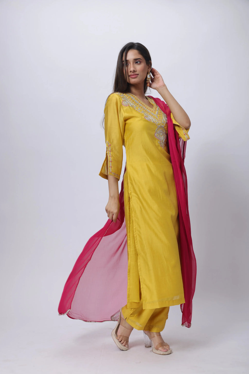 Embroidered Three Piece Suit Set with a Contrast Dupatta in Mango Yellow