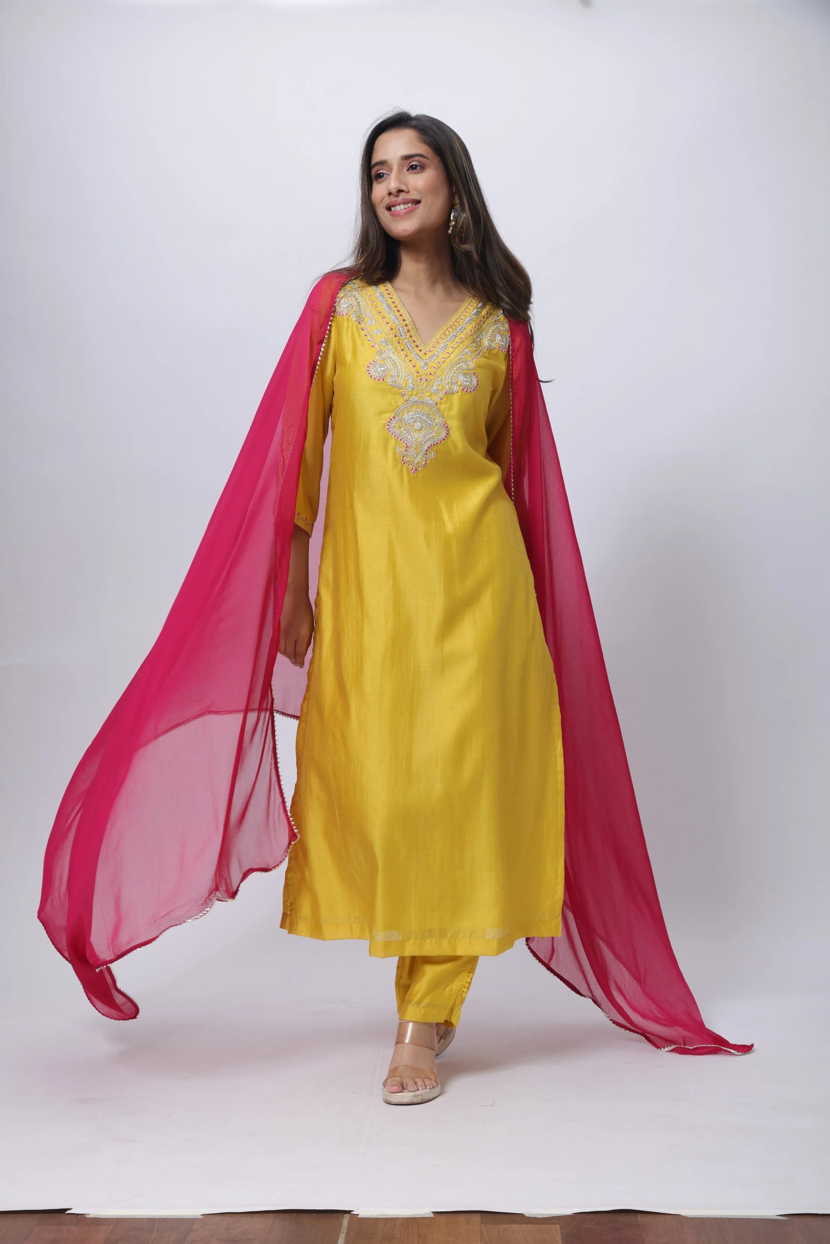 Embroidered Three Piece Suit Set with a Contrast Dupatta in Mango Yellow