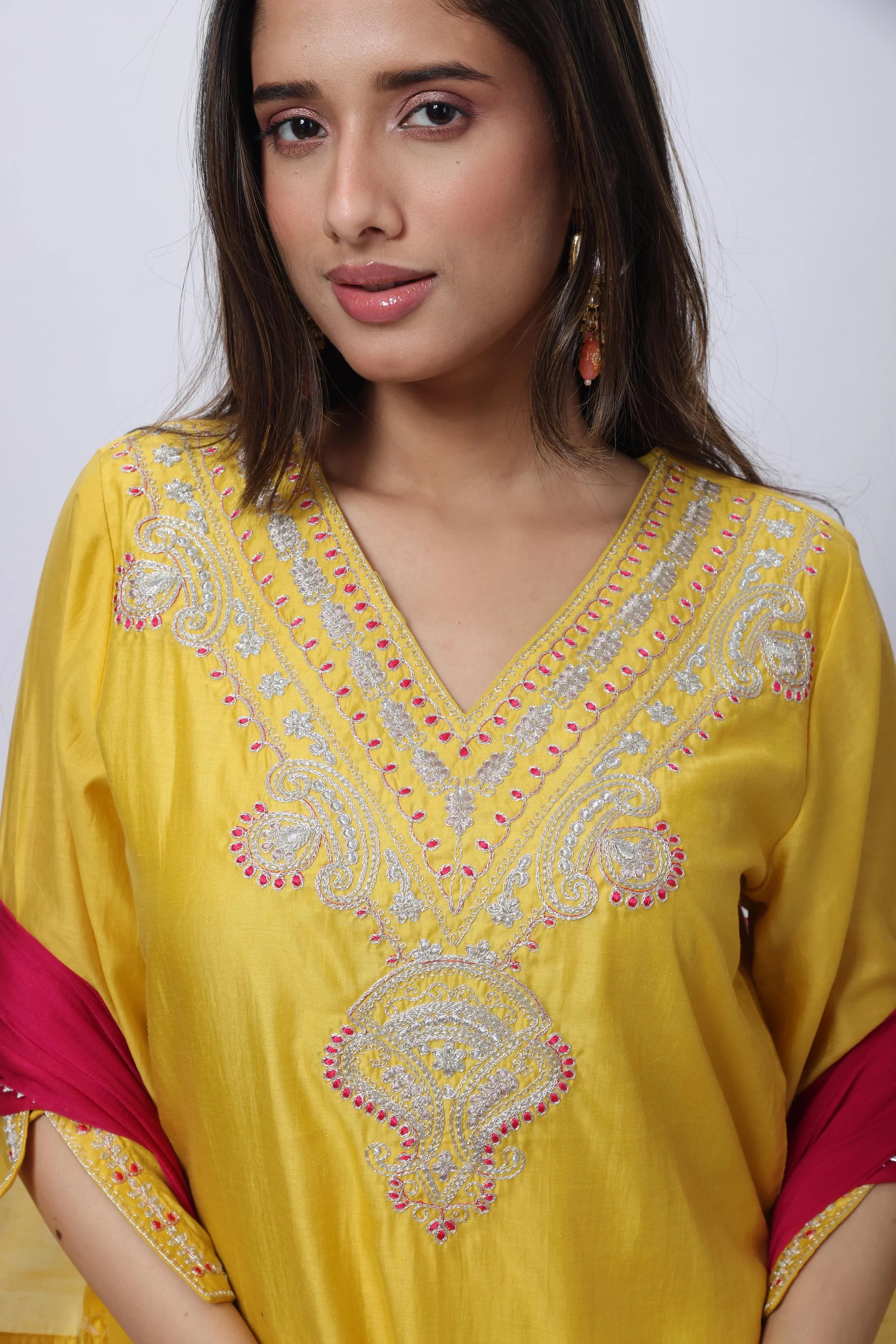 Embroidered Three Piece Suit Set with a Contrast Dupatta in Mango Yellow