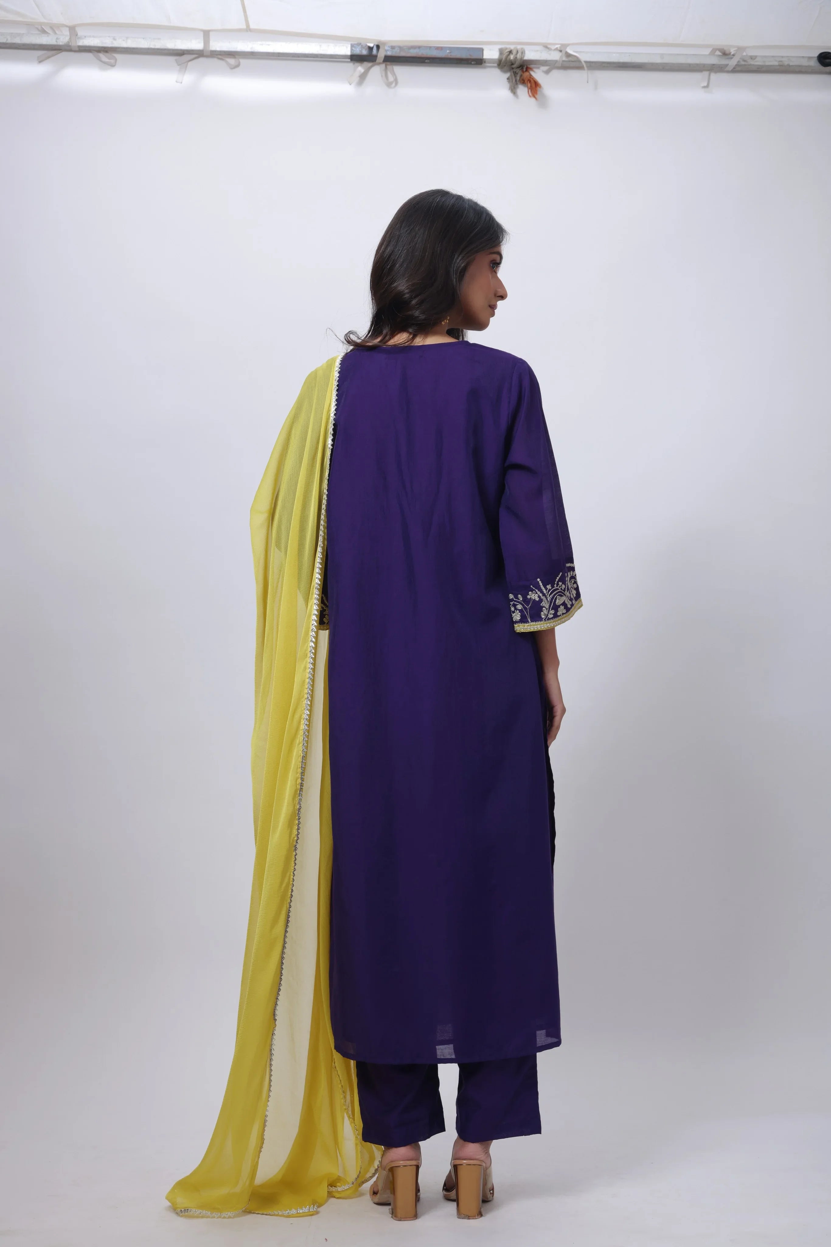 Embroidered Three Piece Suit Set with a Contrast Dupatta in Voilet