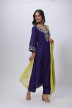 Embroidered Three Piece Suit Set with a Contrast Dupatta in Voilet