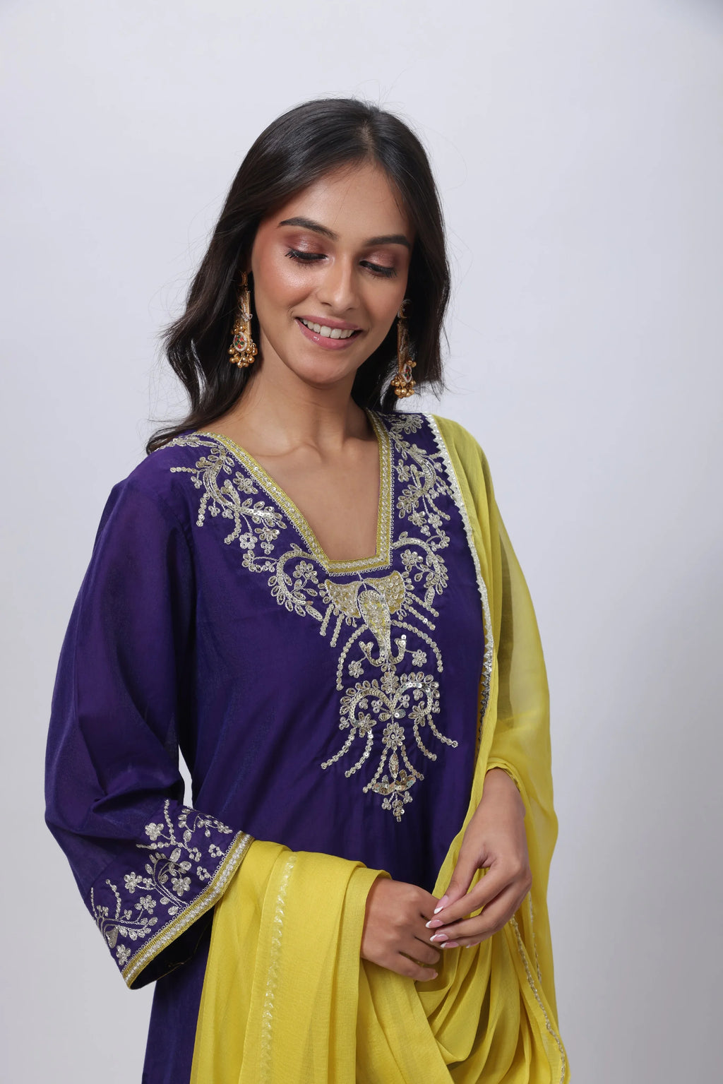 Embroidered Three Piece Suit Set with a Contrast Dupatta in Voilet
