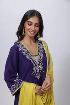 Embroidered Three Piece Suit Set with a Contrast Dupatta in Voilet
