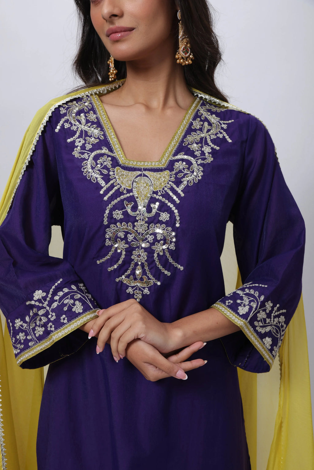 Embroidered Three Piece Suit Set with a Contrast Dupatta in Voilet