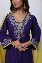 Embroidered Three Piece Suit Set with a Contrast Dupatta in Voilet