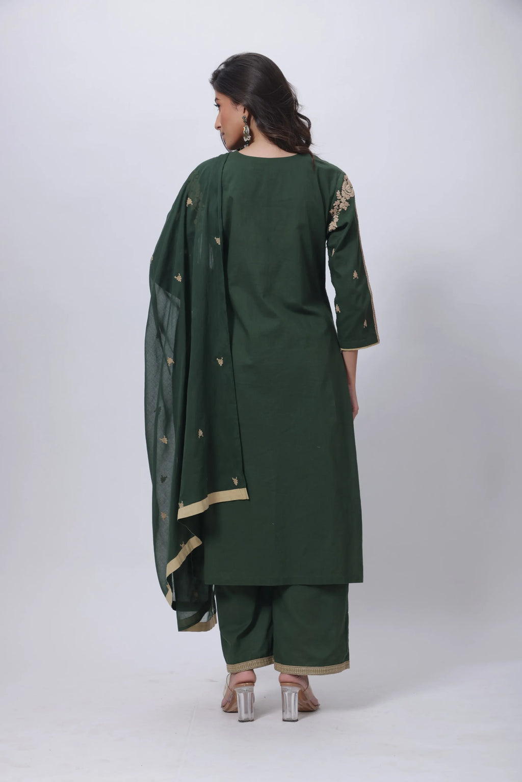 Embroidered Three Piece Suit Set in Forest Green
