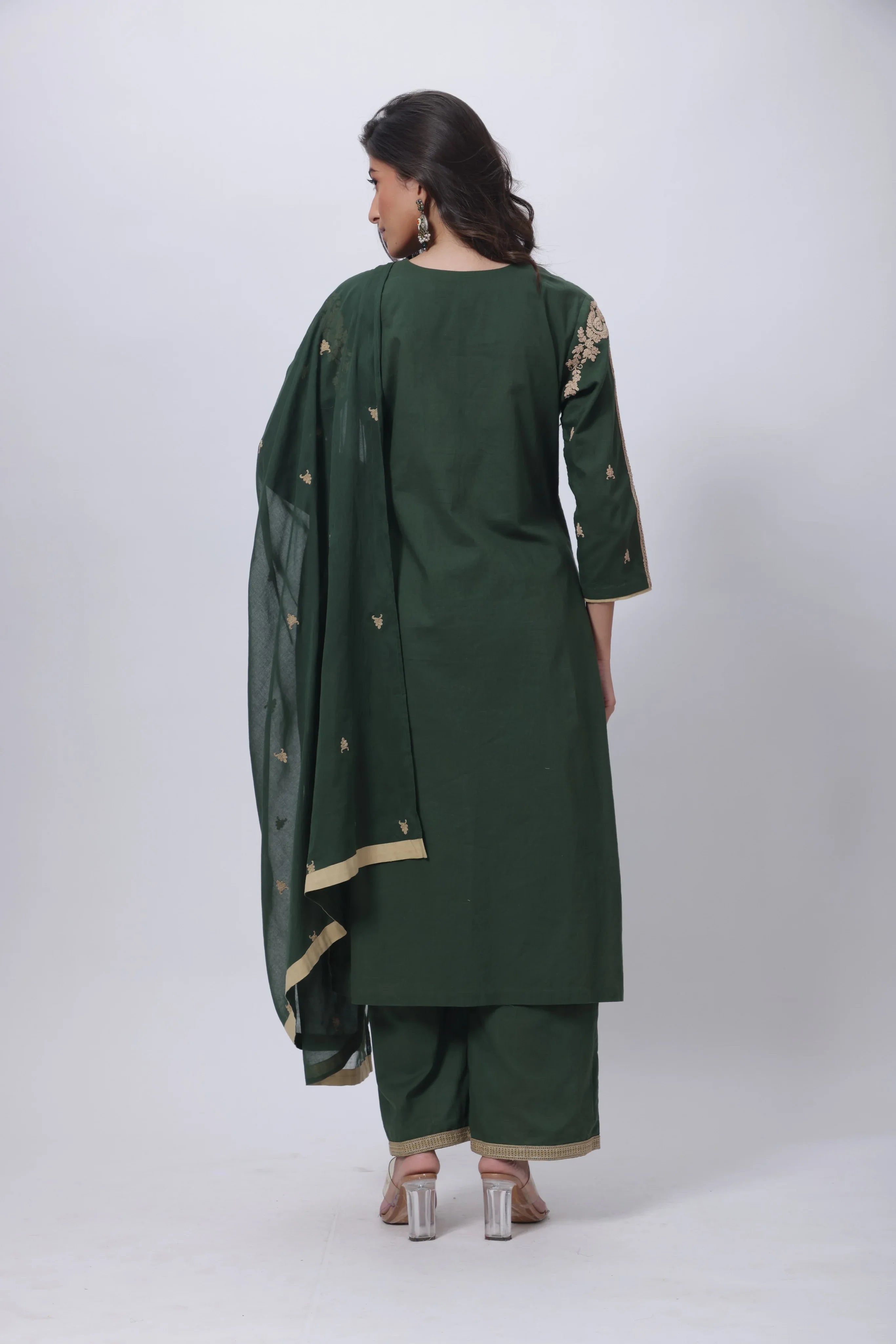 Embroidered Three Piece Suit Set in Forest Green