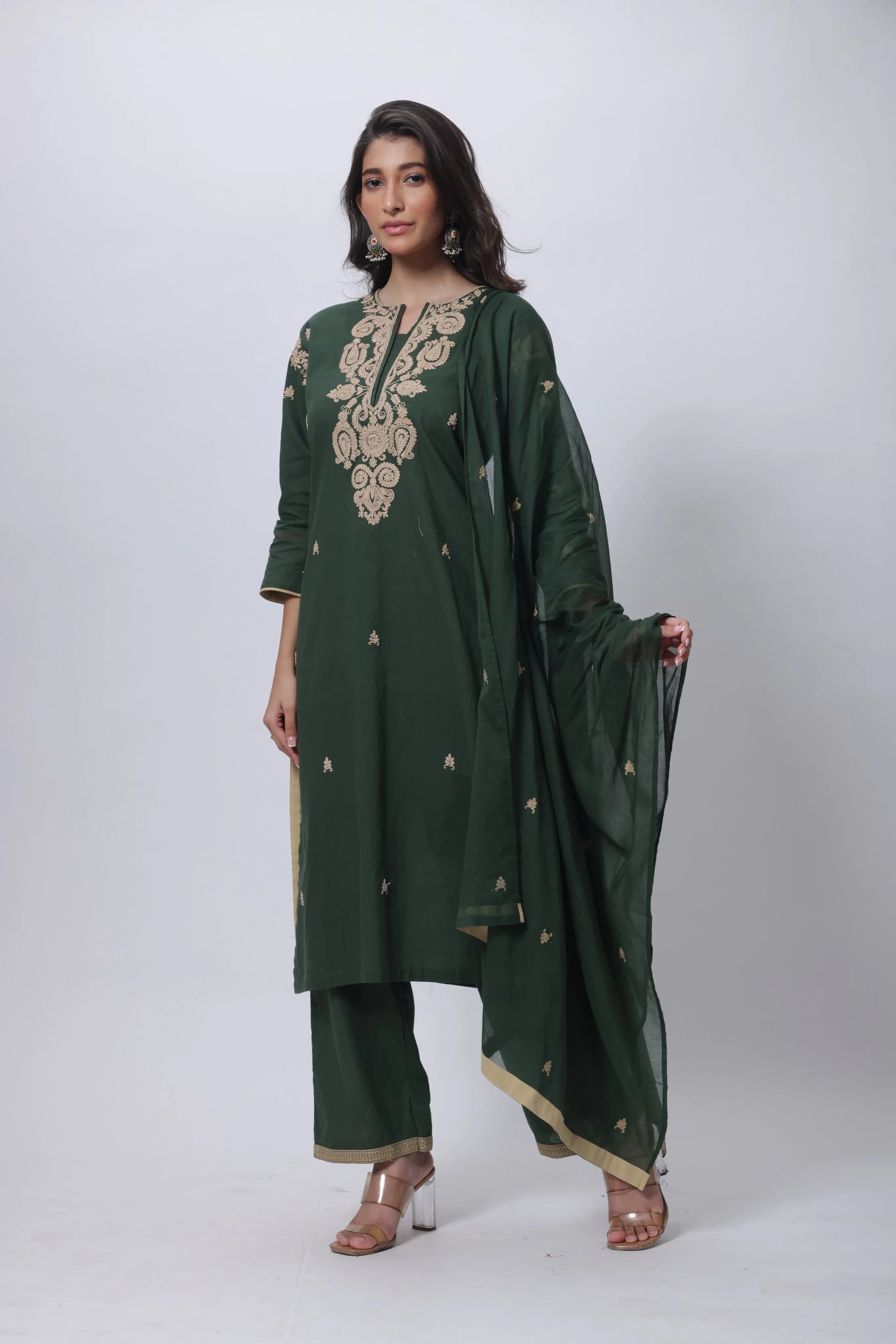Embroidered Three Piece Suit Set in Forest Green