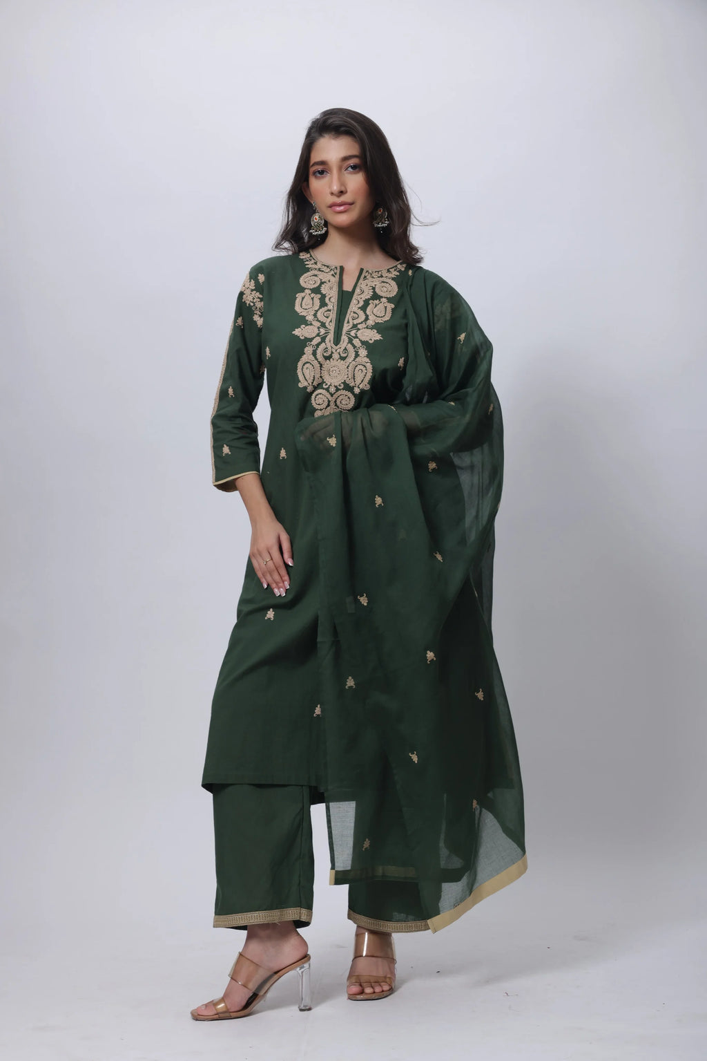 Embroidered Three Piece Suit Set in Forest Green