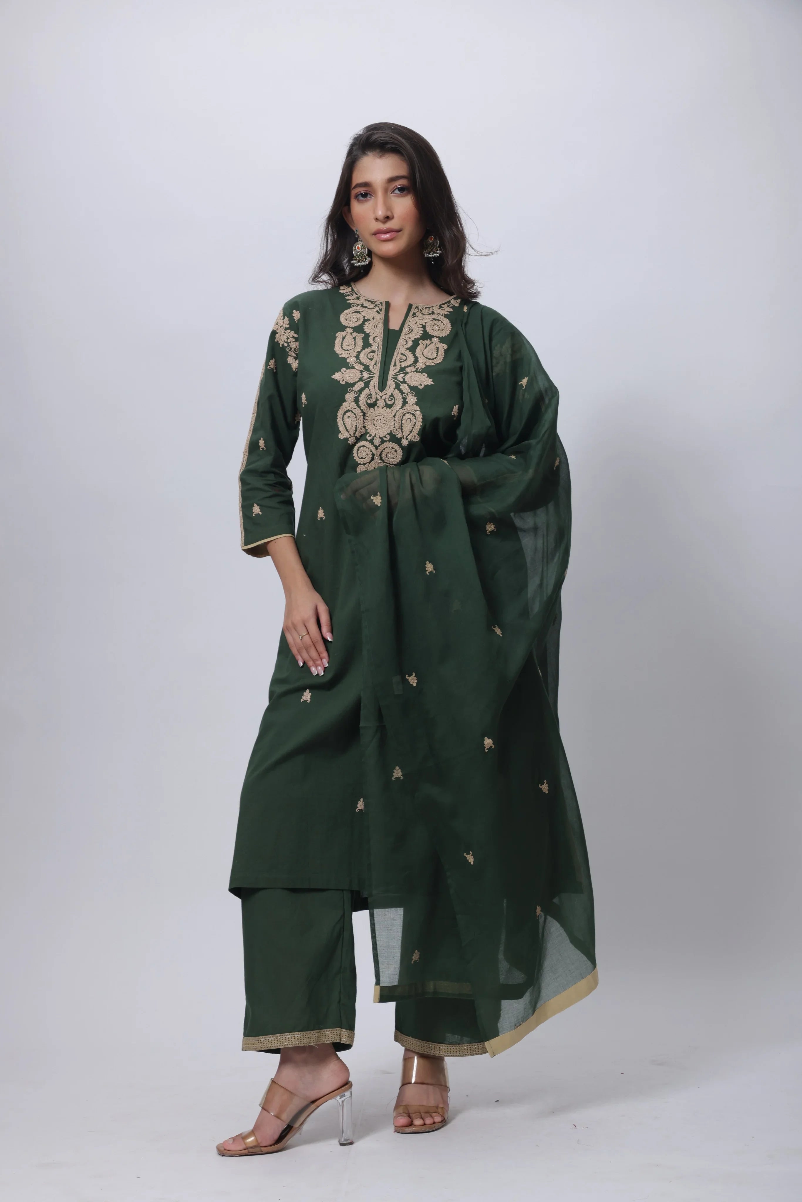 Embroidered Three Piece Suit Set in Forest Green