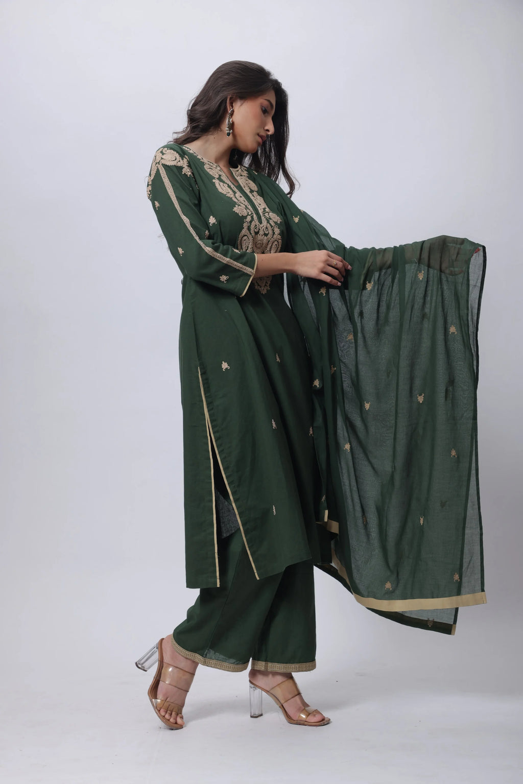 Embroidered Three Piece Suit Set in Forest Green