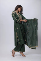 Embroidered Three Piece Suit Set in Forest Green