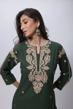 Embroidered Three Piece Suit Set in Forest Green