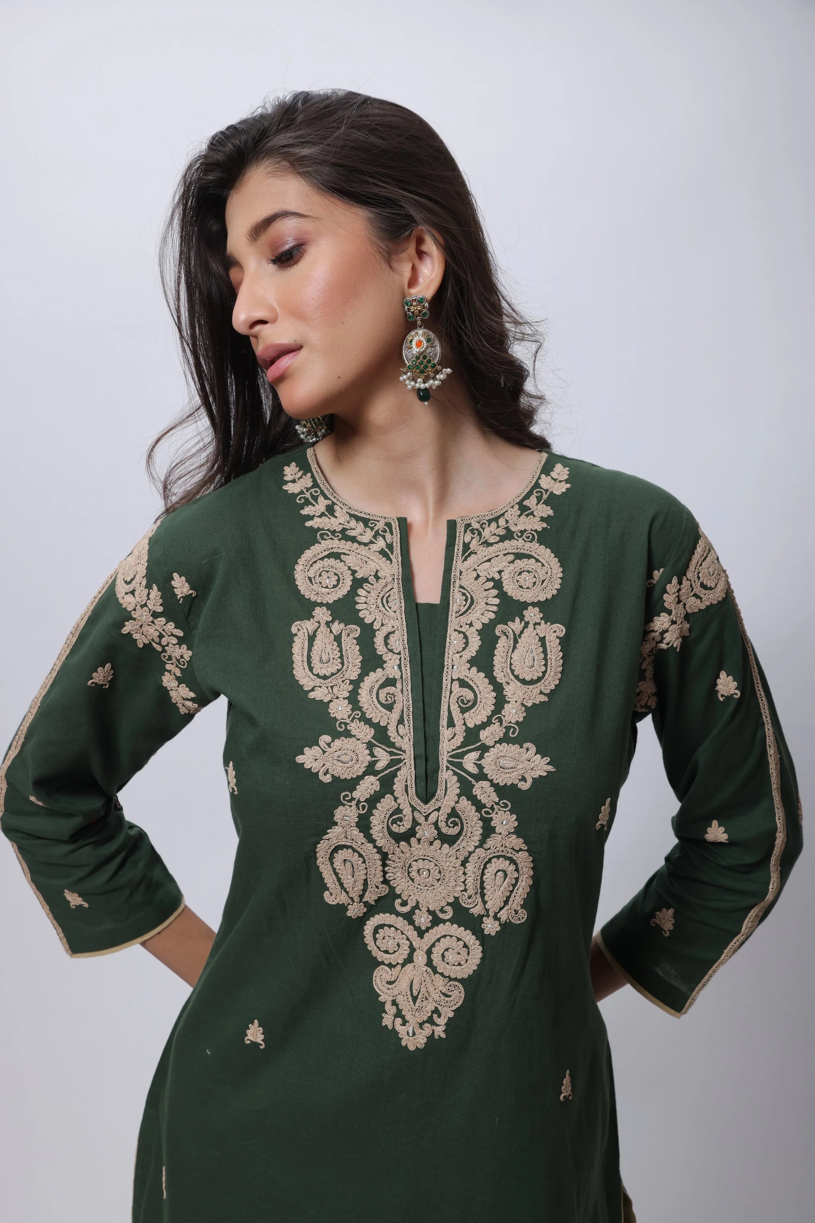 Embroidered Three Piece Suit Set in Forest Green