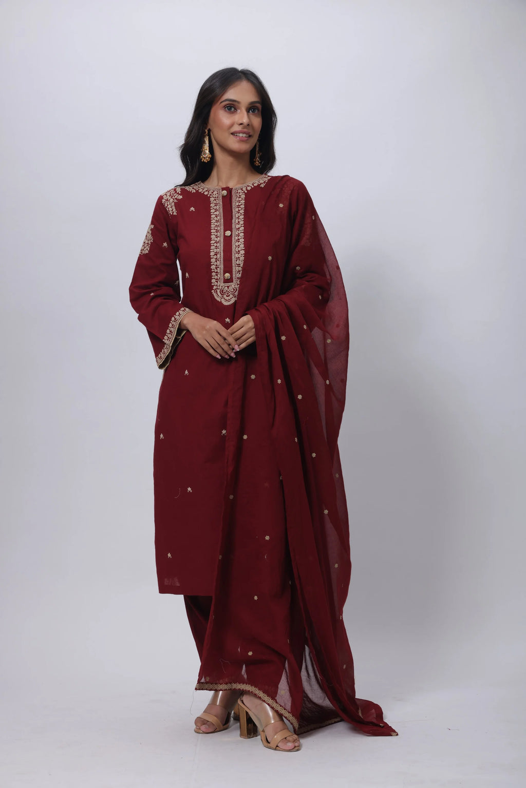 Embroidered Three Piece Suit Set in Maroon