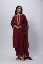 Embroidered Three Piece Suit Set in Maroon