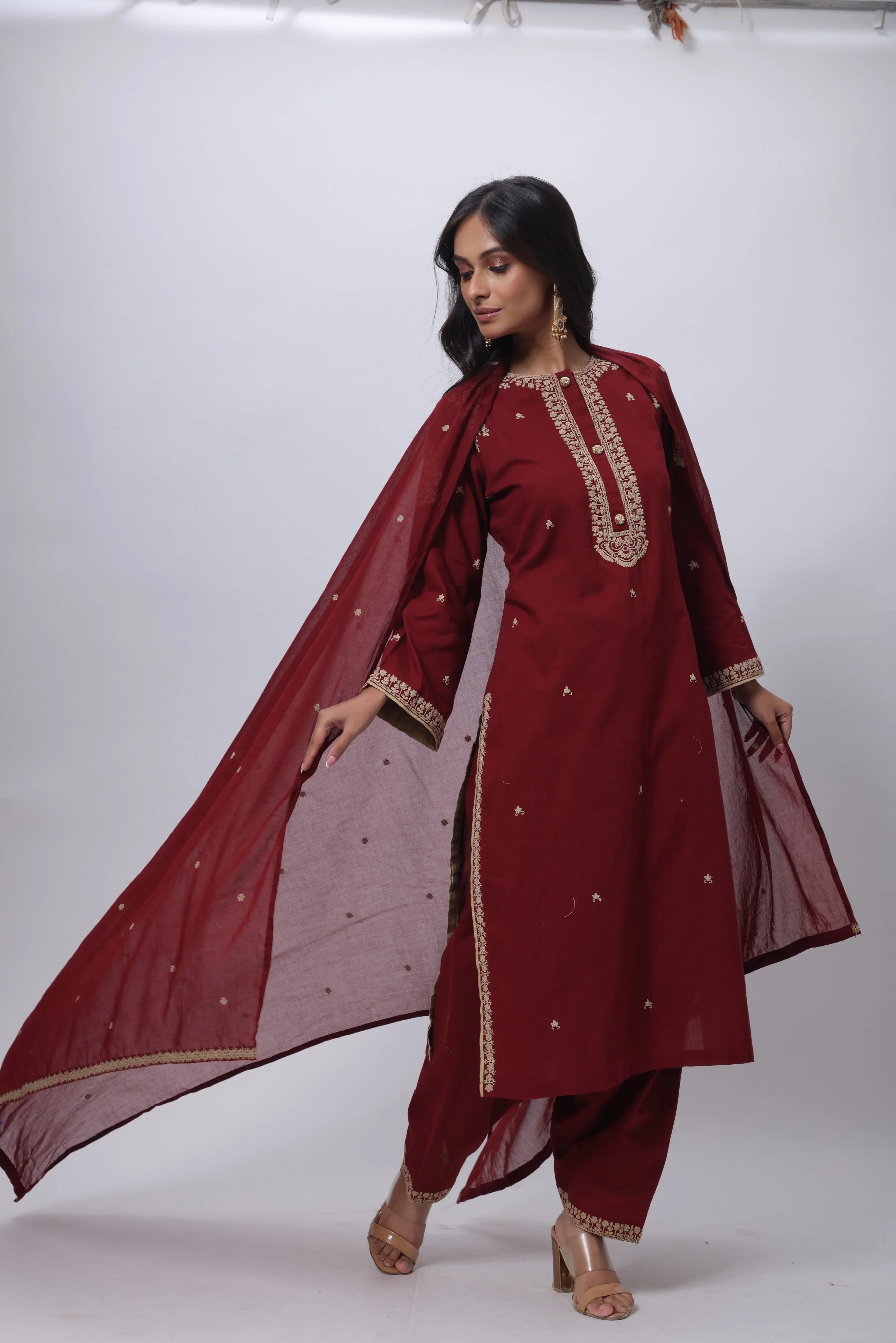 Embroidered Three Piece Suit Set in Maroon