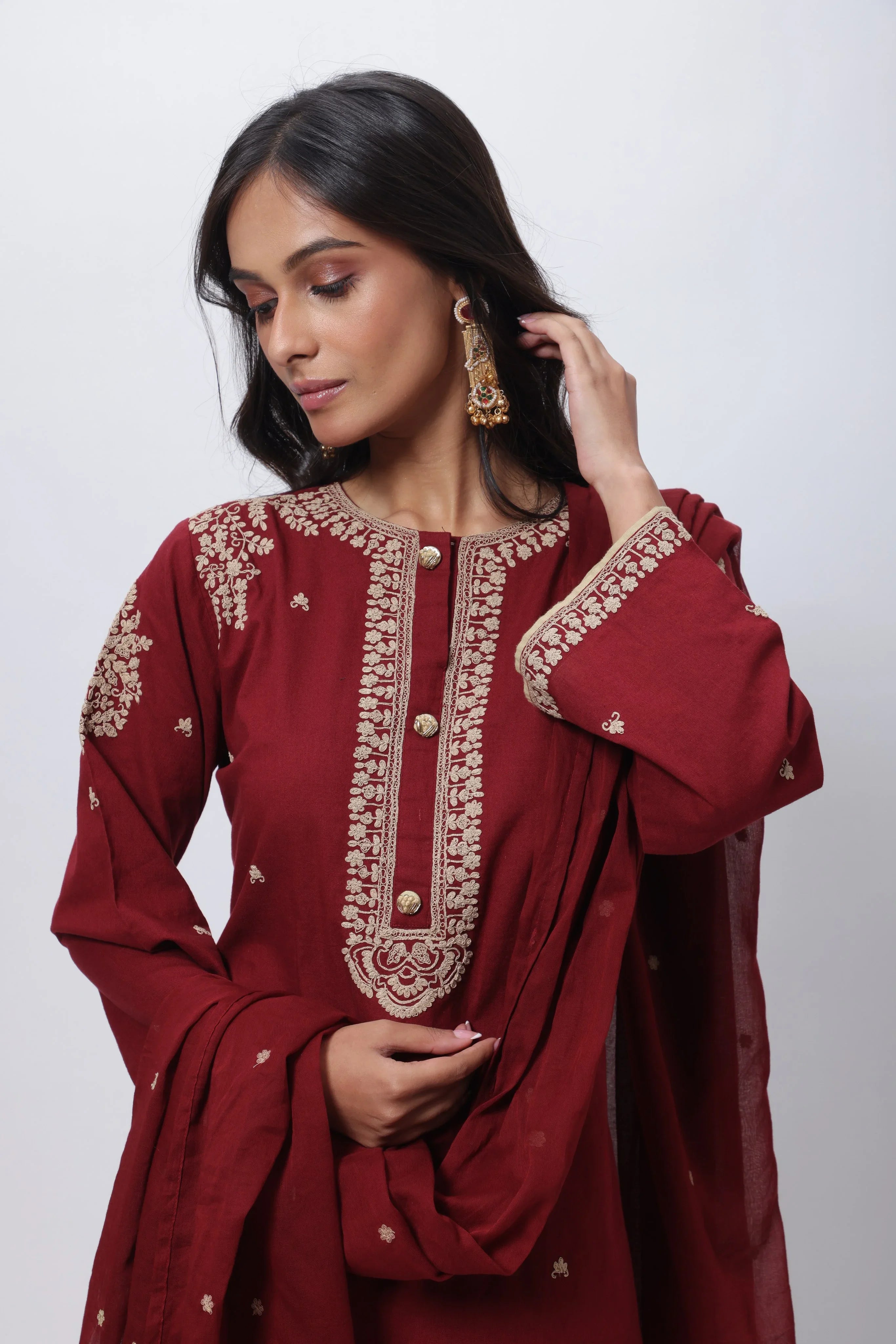 Embroidered Three Piece Suit Set in Maroon
