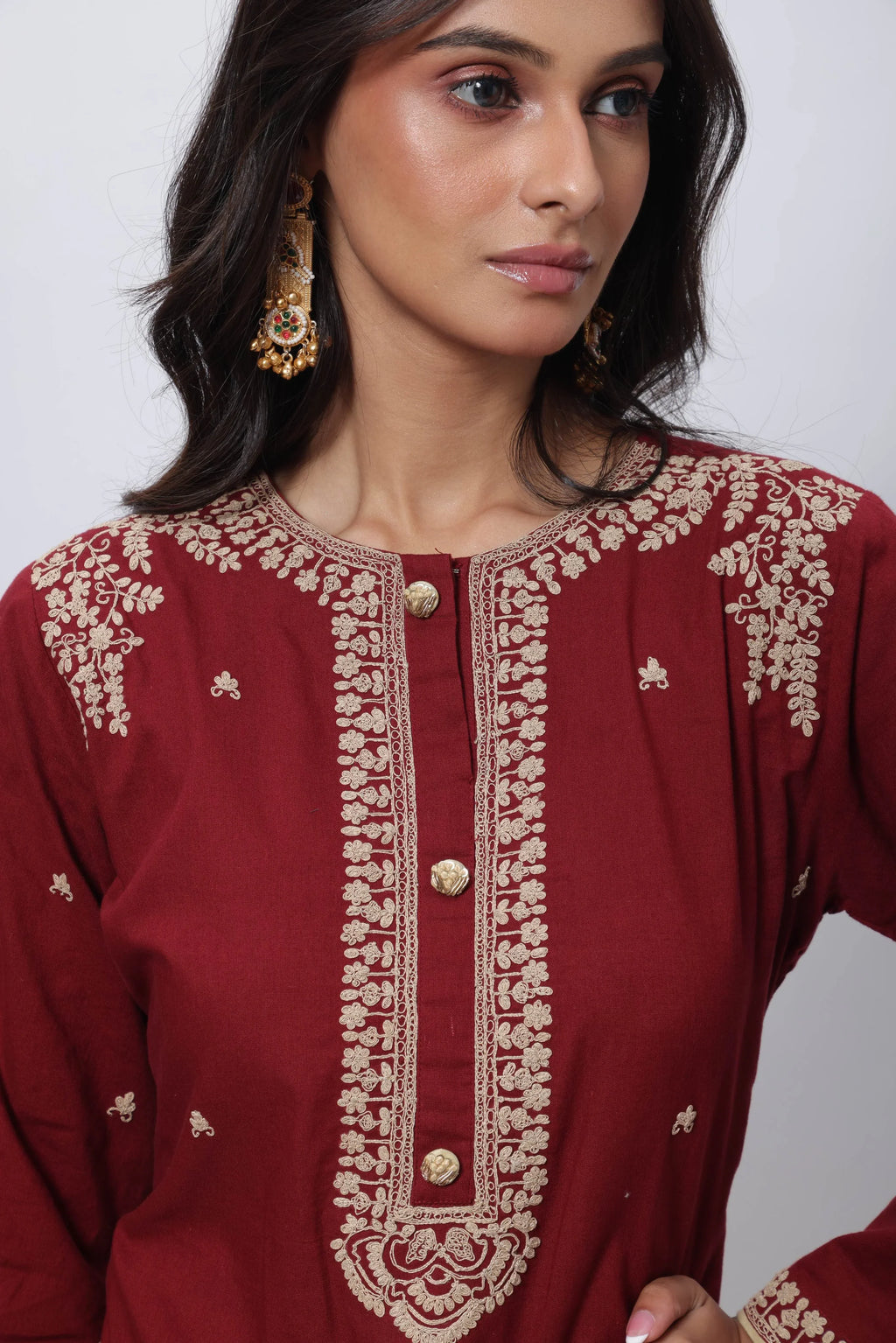 Embroidered Three Piece Suit Set in Maroon