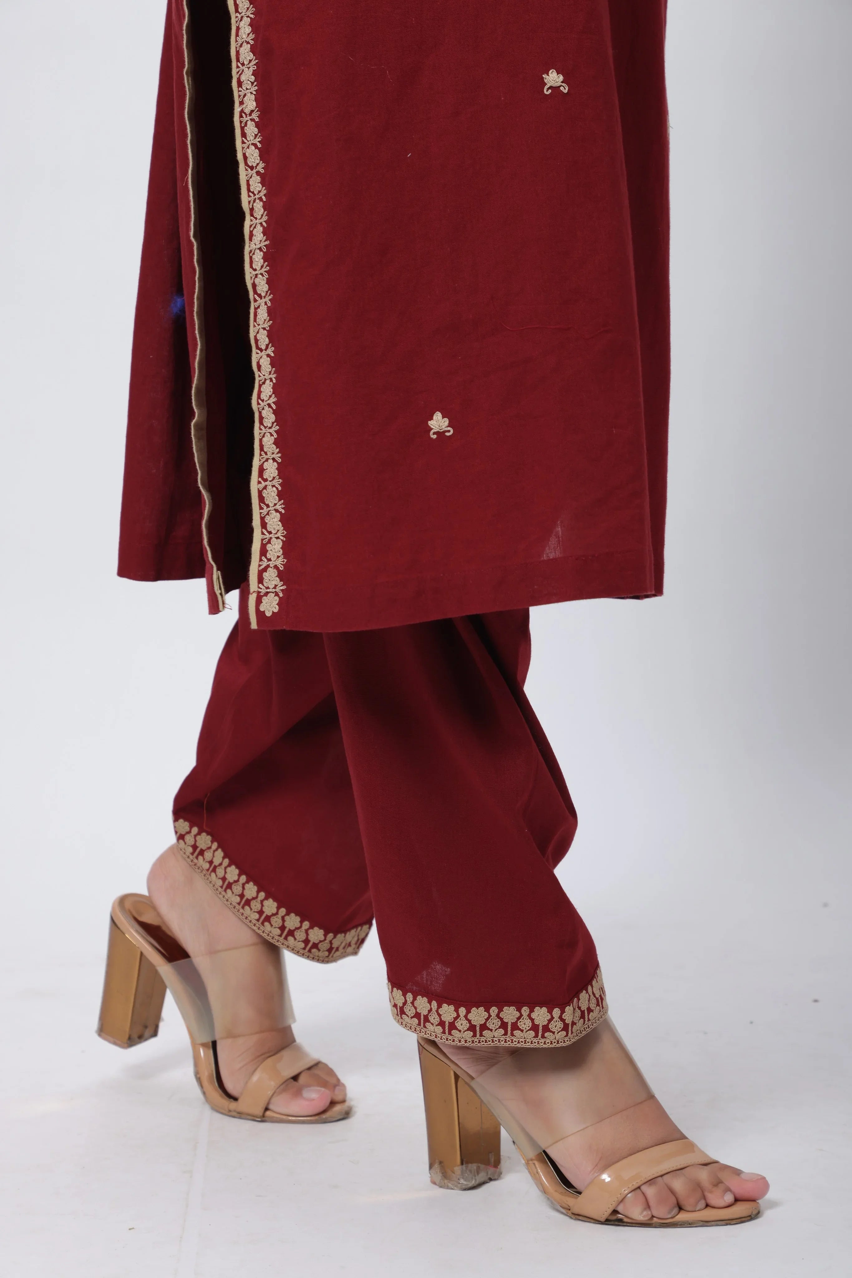 Embroidered Three Piece Suit Set in Maroon