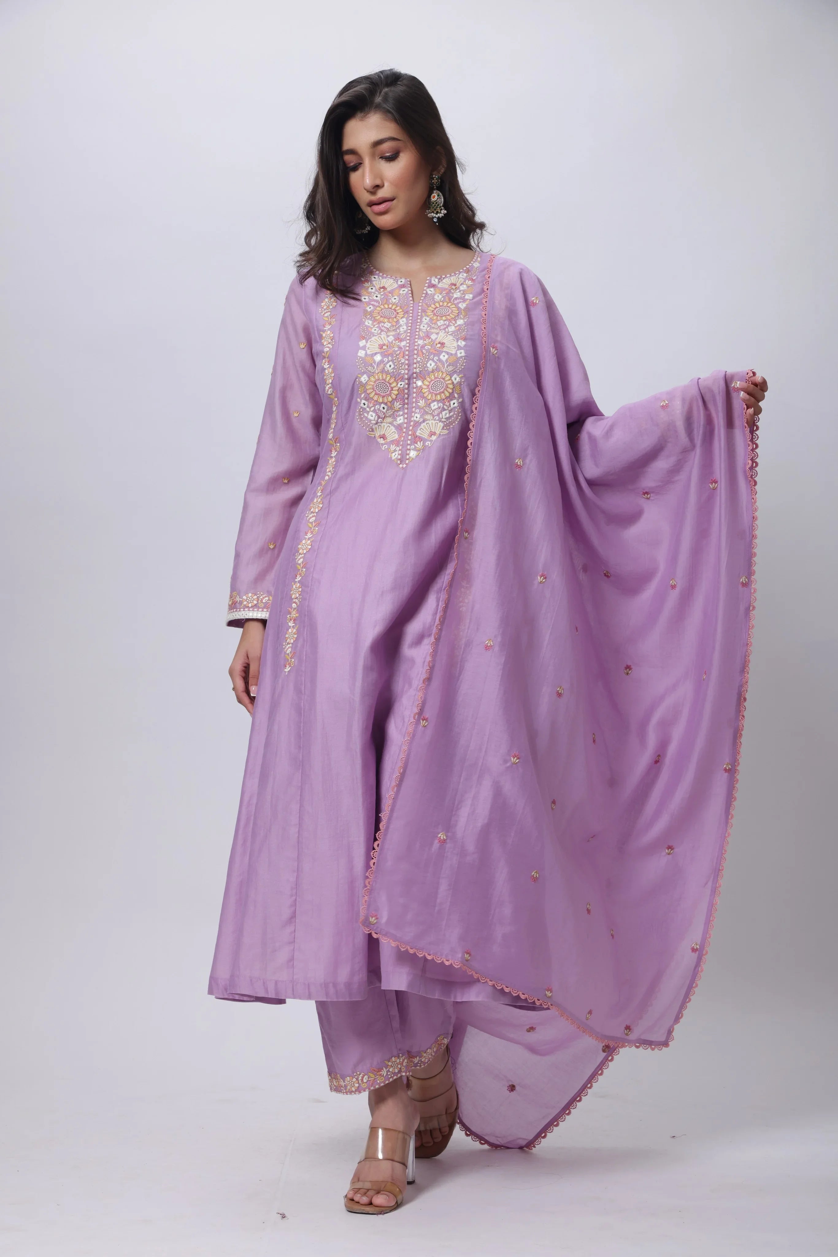Embroidered Three Piece Suit in Lilac