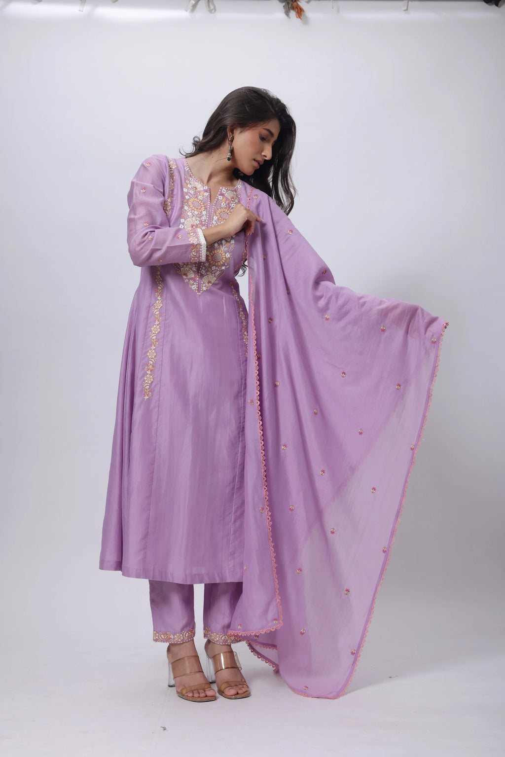 Embroidered Three Piece Suit in Lilac