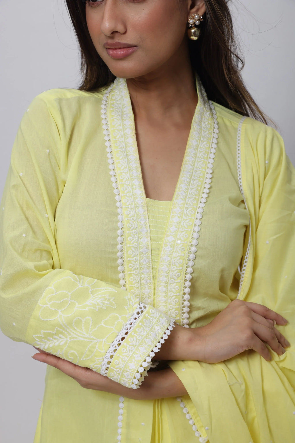 Embroidered Three Piece Suit Set in Lemon Yellow