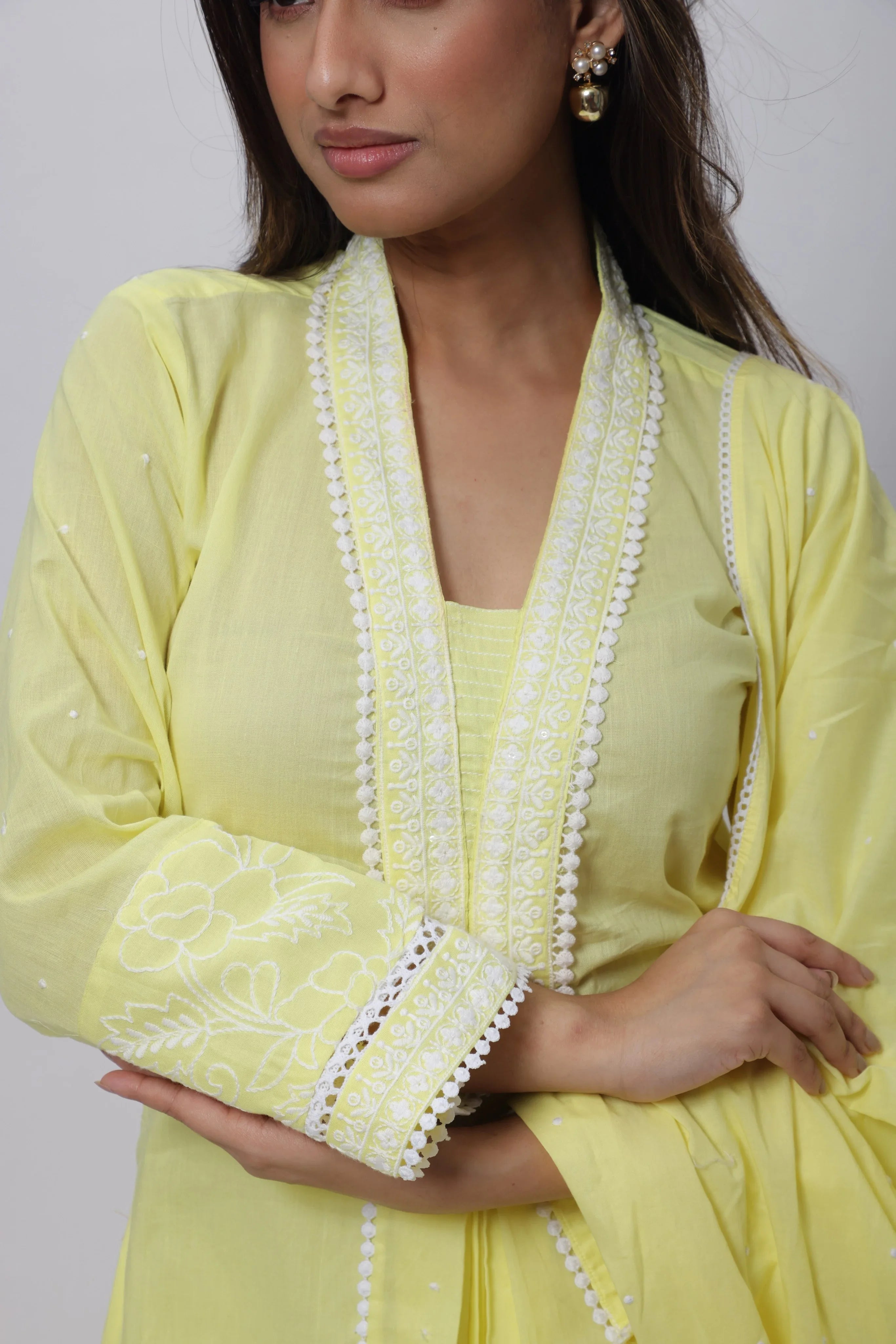 Embroidered Three Piece Suit Set in Lemon Yellow