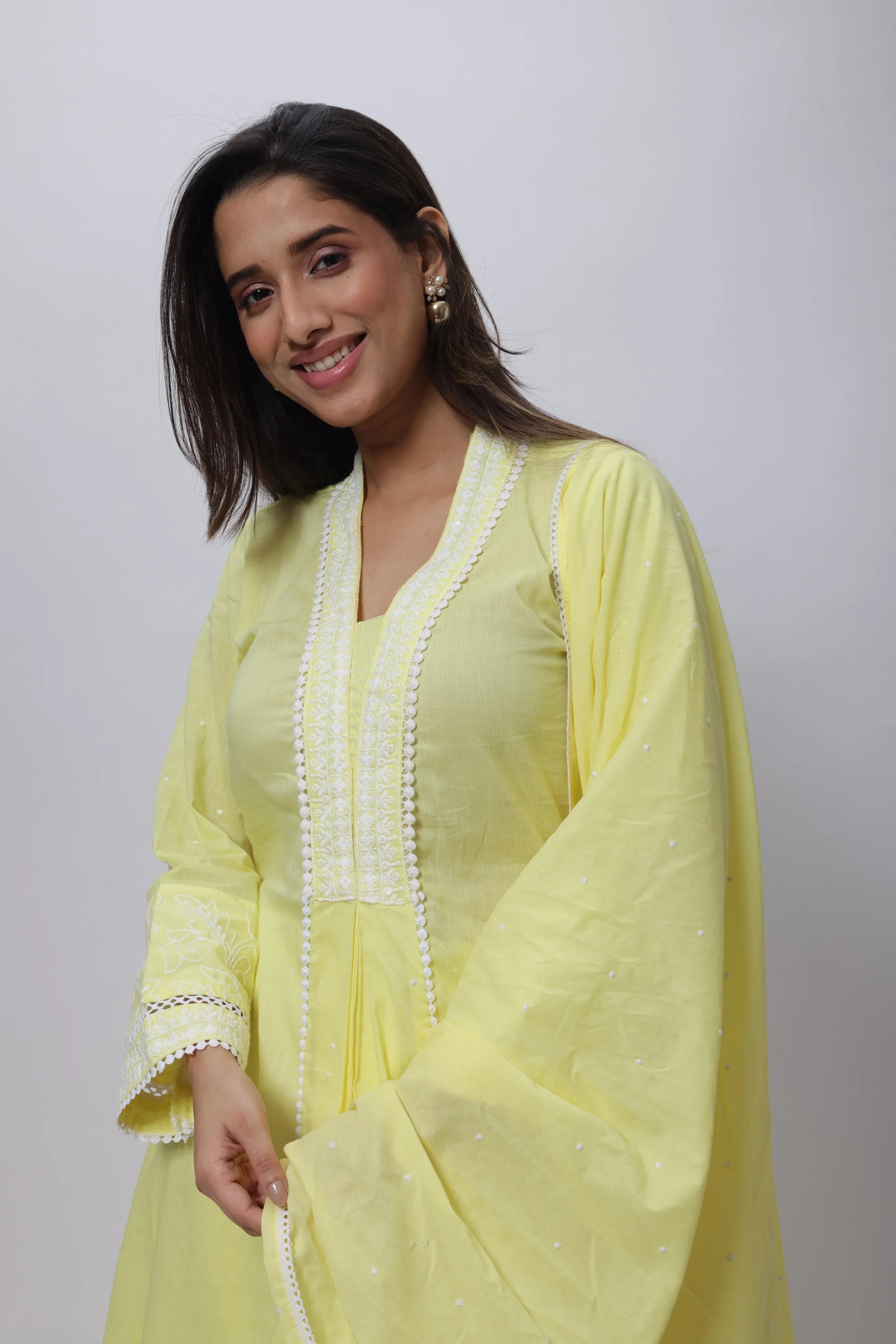 Embroidered Three Piece Suit Set in Lemon Yellow