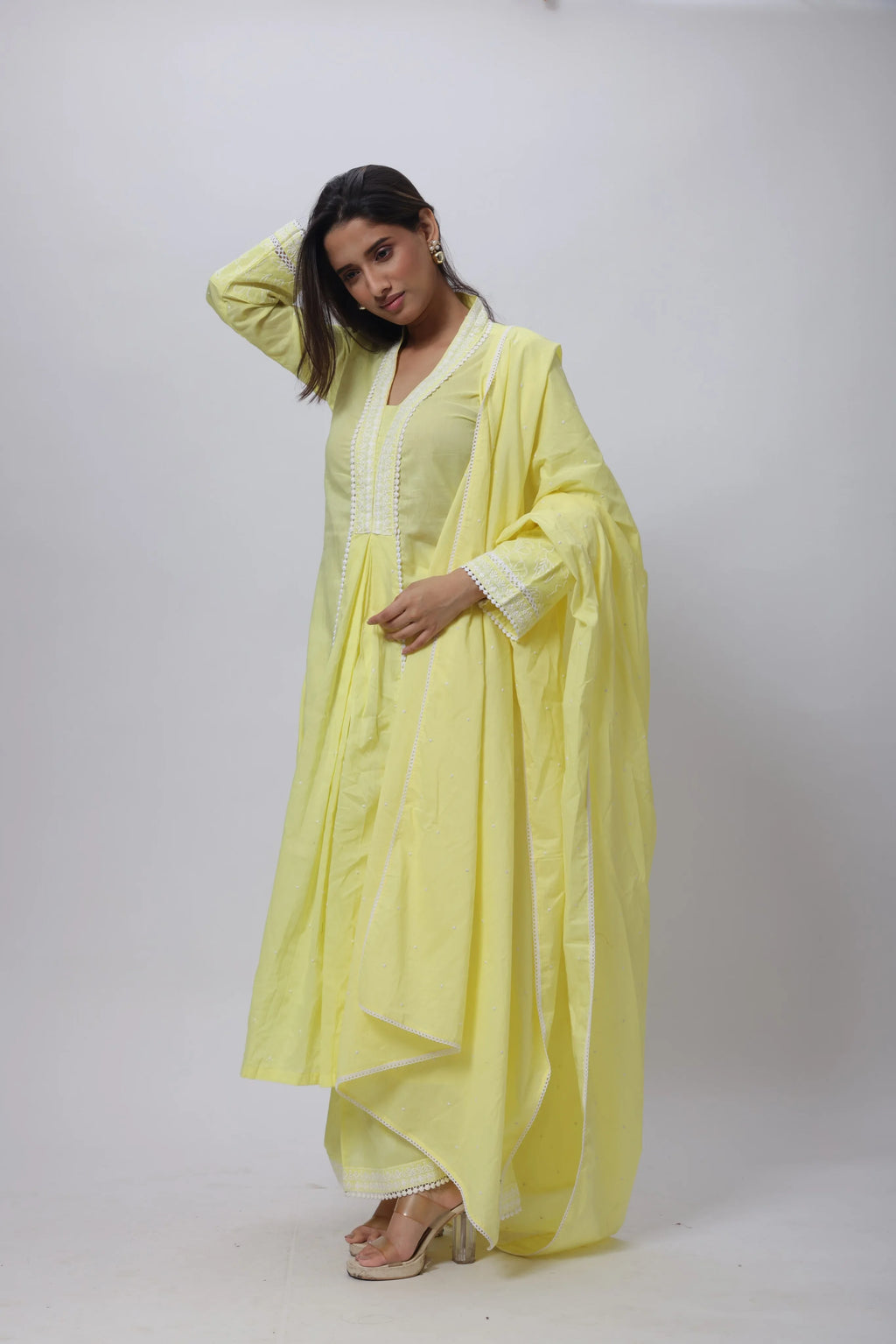 Embroidered Three Piece Suit Set in Lemon Yellow