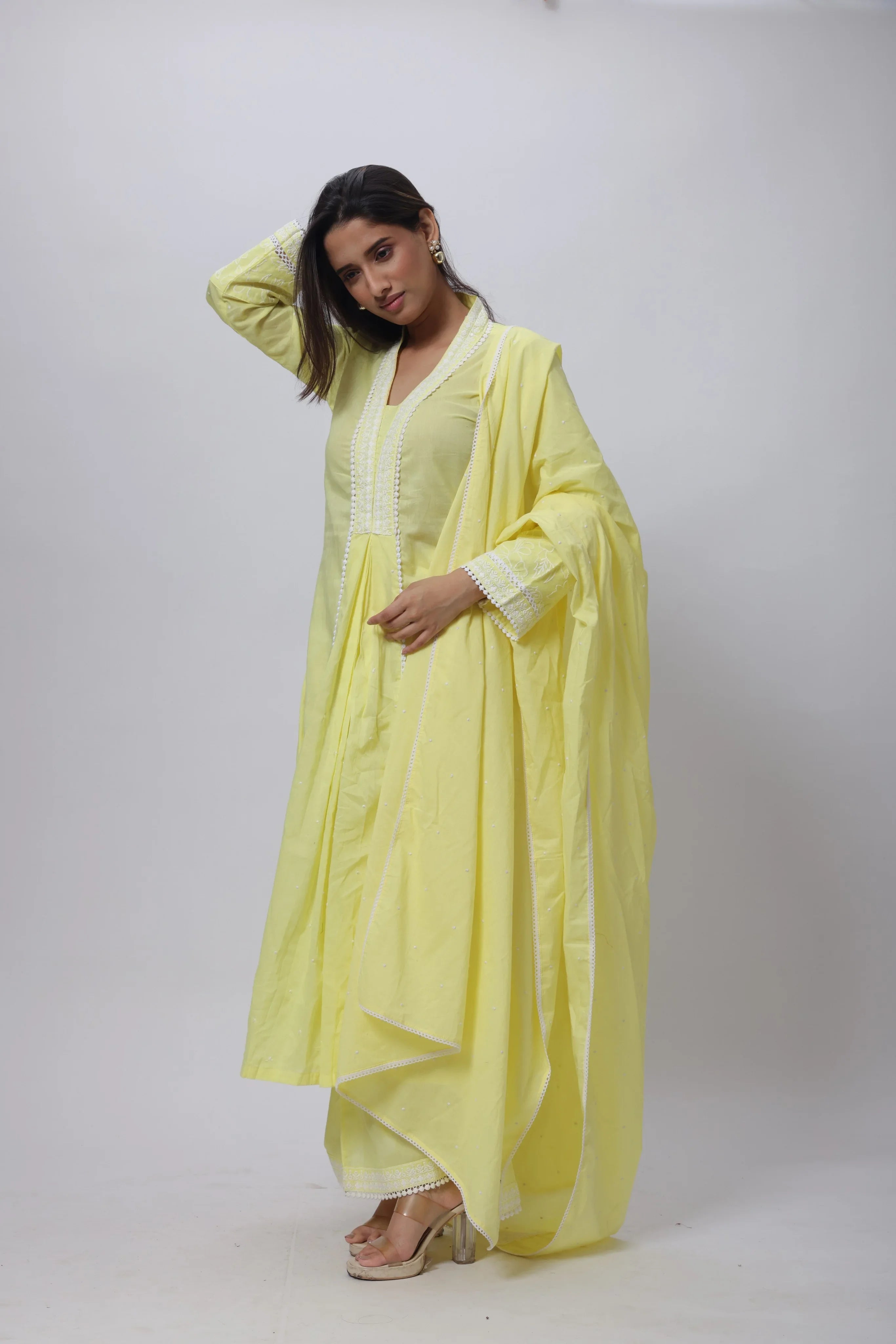 Embroidered Three Piece Suit Set in Lemon Yellow