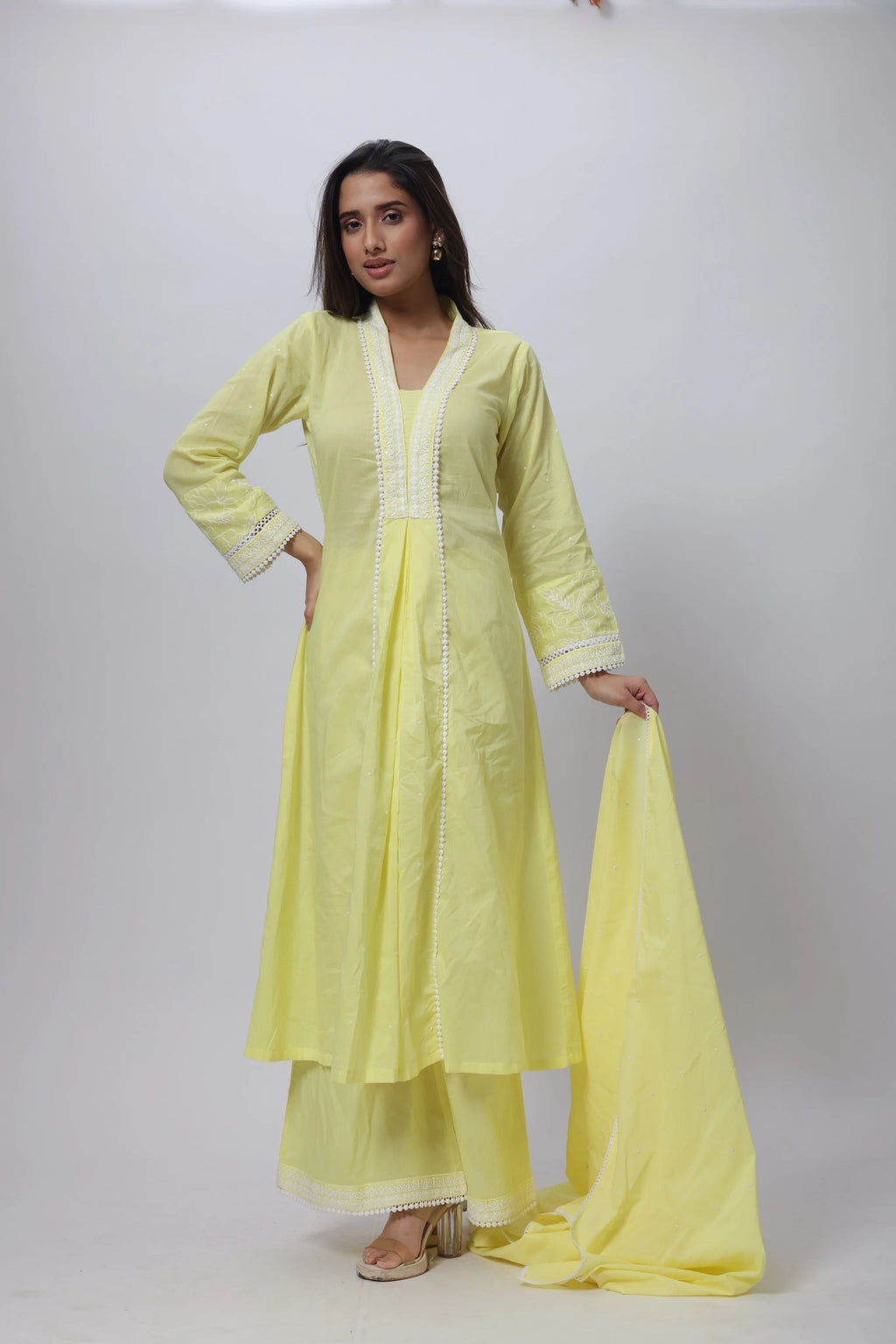Embroidered Three Piece Suit Set in Lemon Yellow