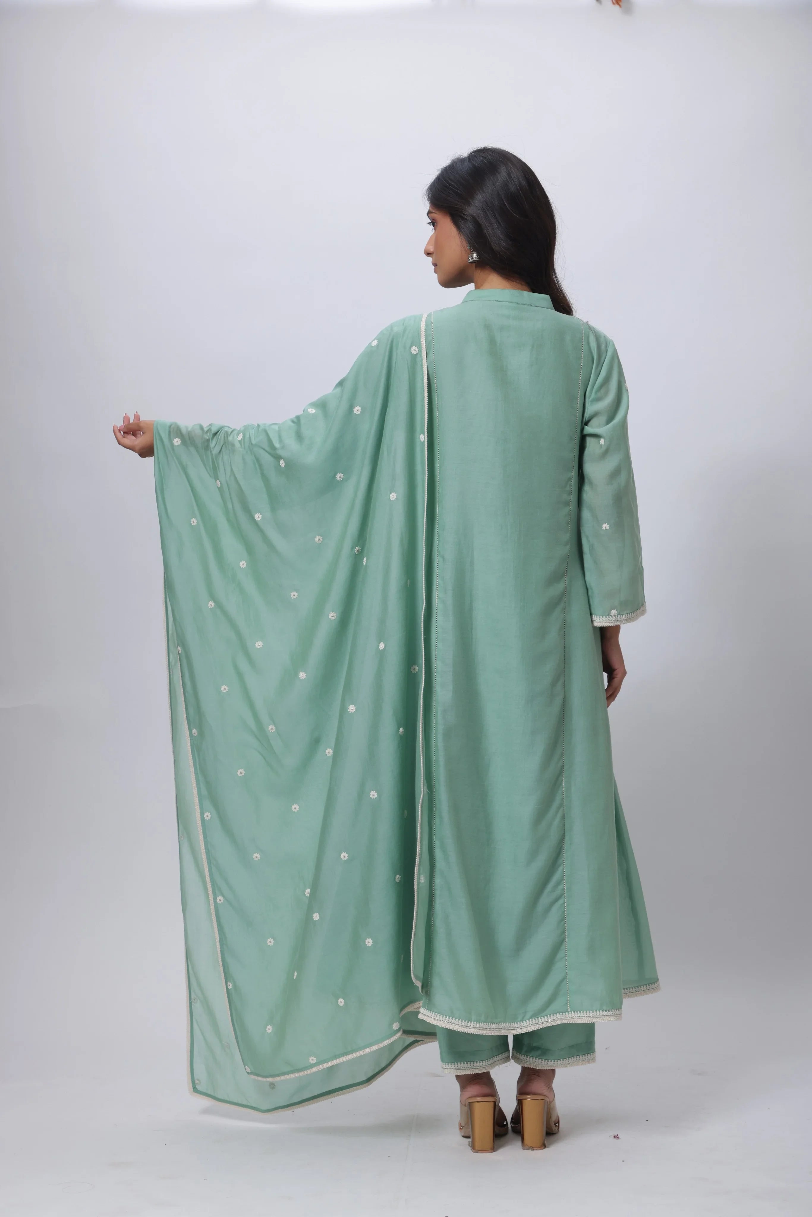 Embroidered Three Piece Suit in Sage Green