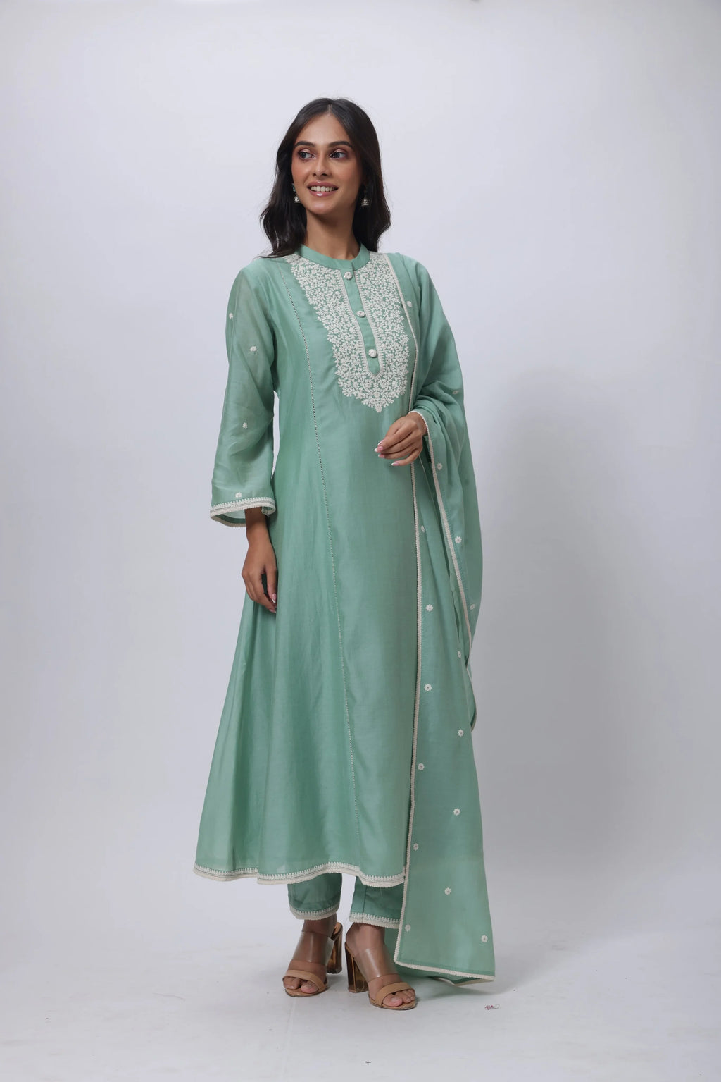 Embroidered Three Piece Suit in Sage Green