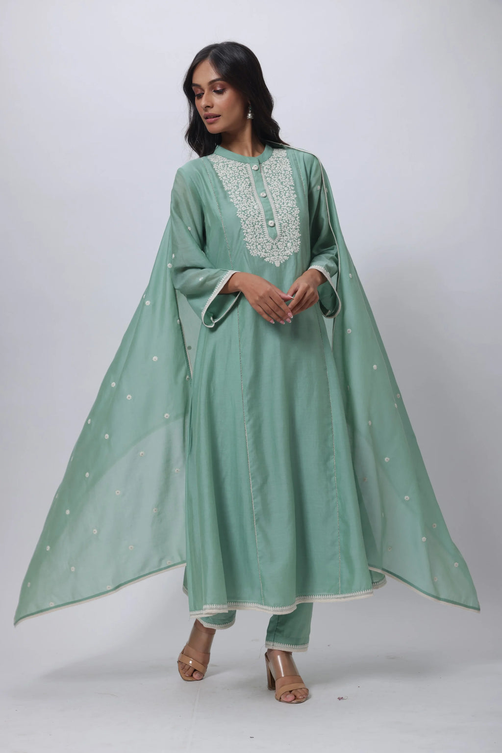 Embroidered Three Piece Suit in Sage Green