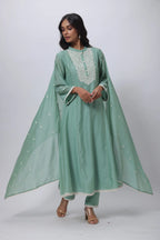 Embroidered Three Piece Suit in Sage Green