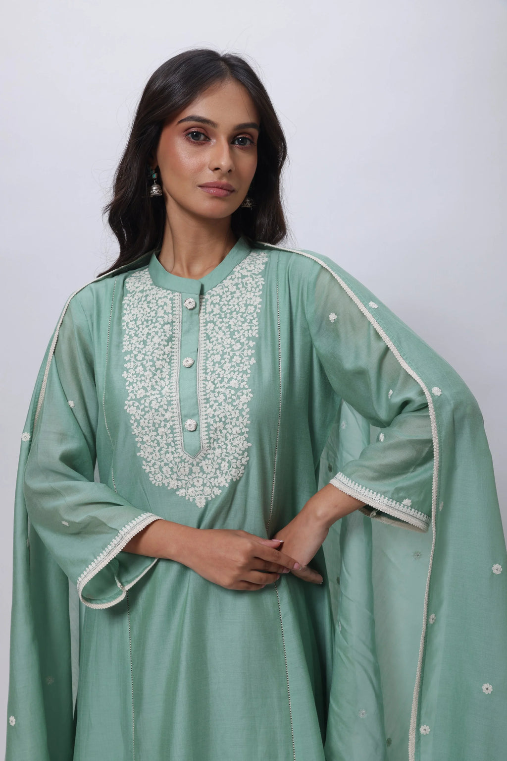 Embroidered Three Piece Suit in Sage Green