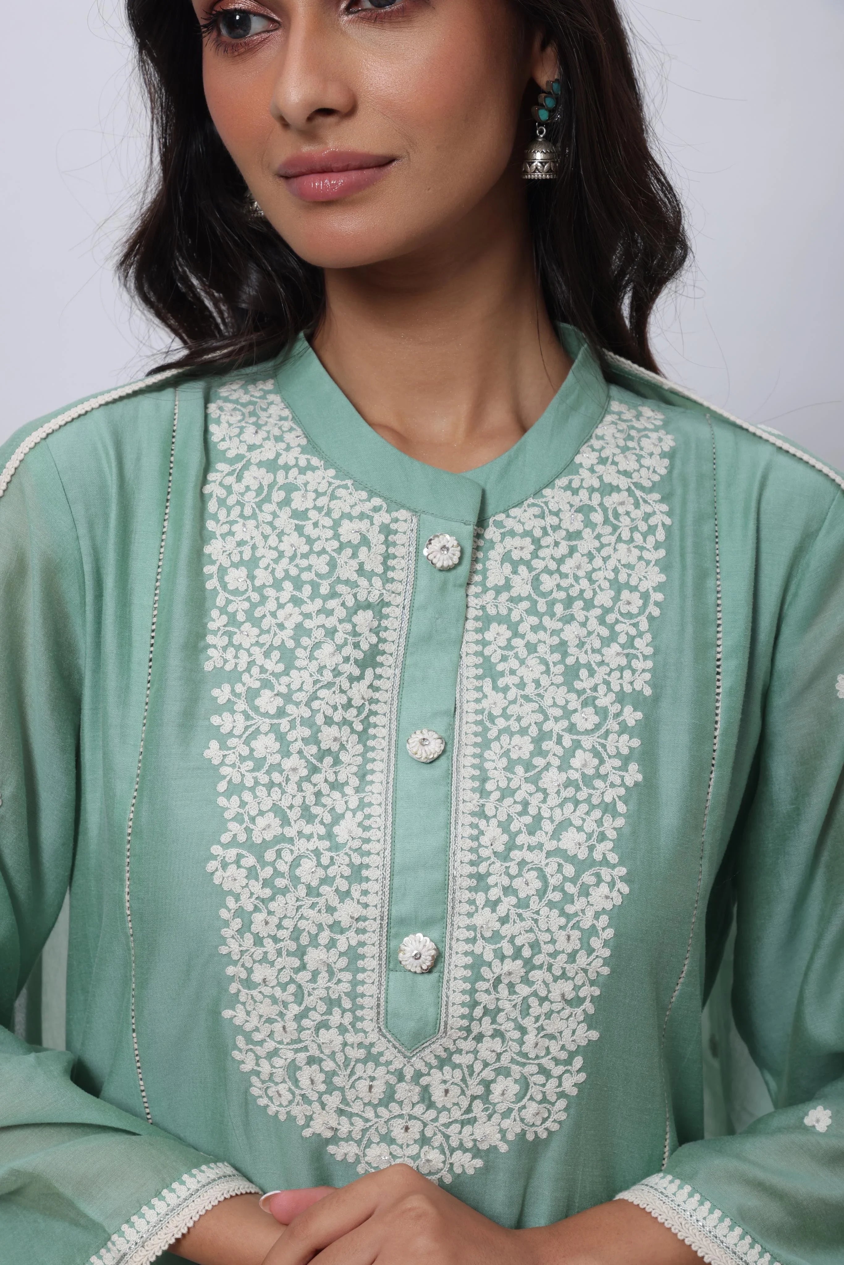 Embroidered Three Piece Suit in Sage Green