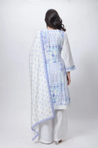 Printed Three Piece Suit Set in White and Blue