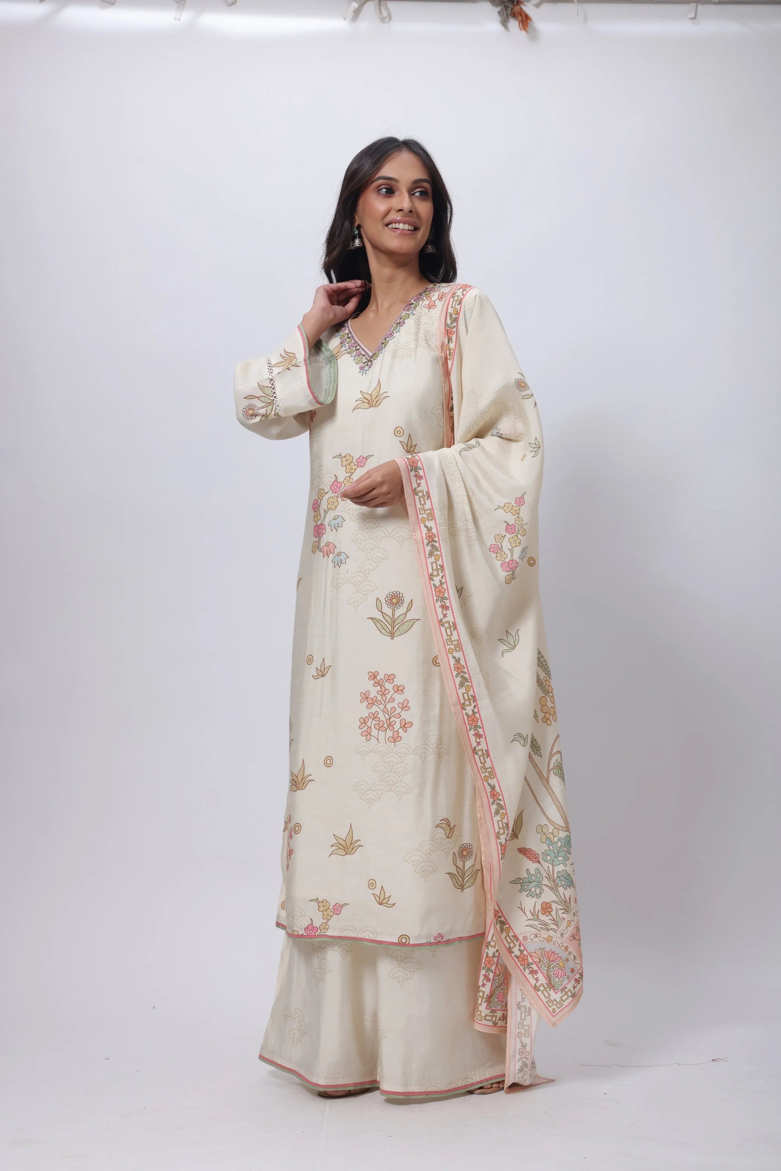 Printed Three Piece Suit Set in Ecru