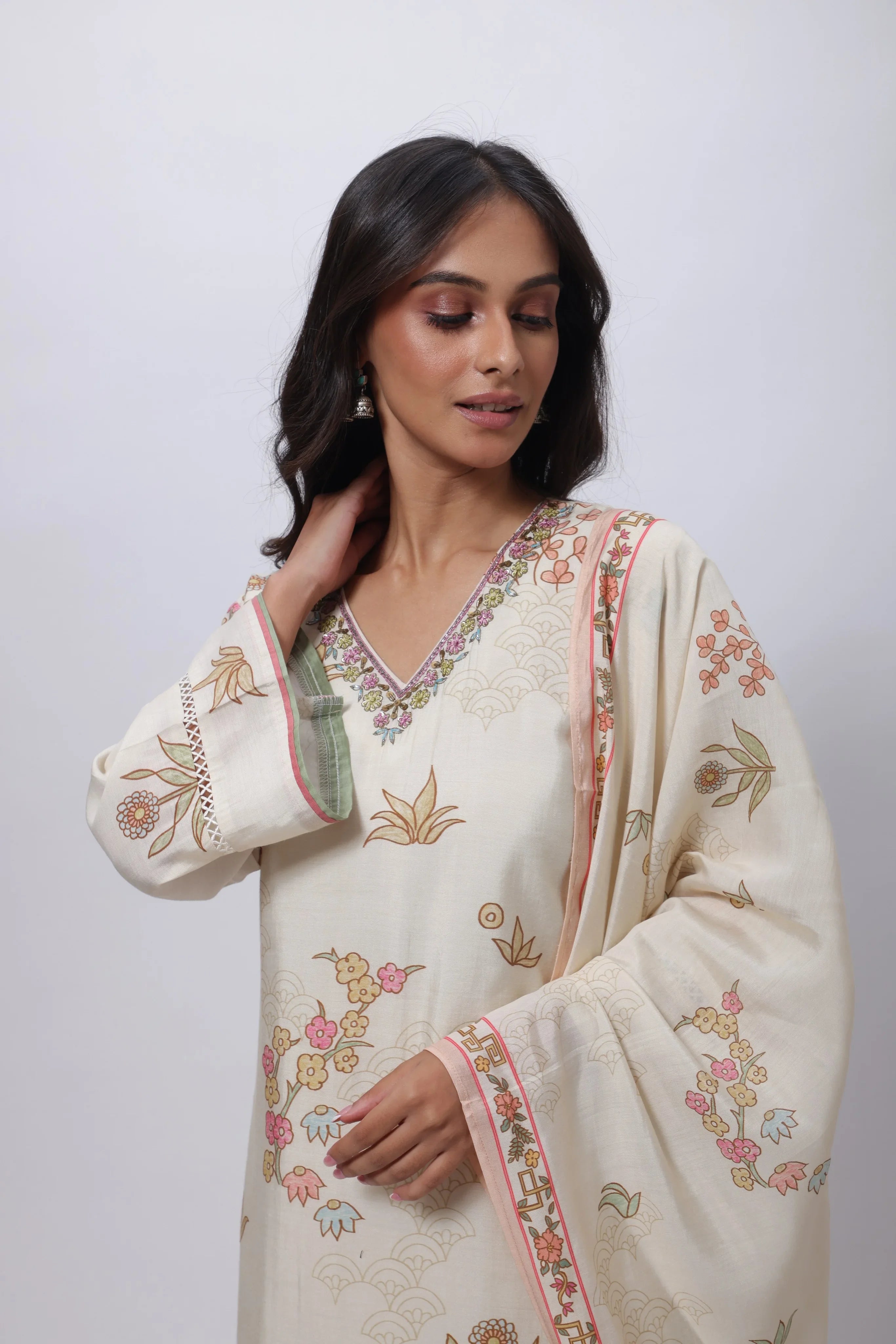 Printed Three Piece Suit Set in Ecru