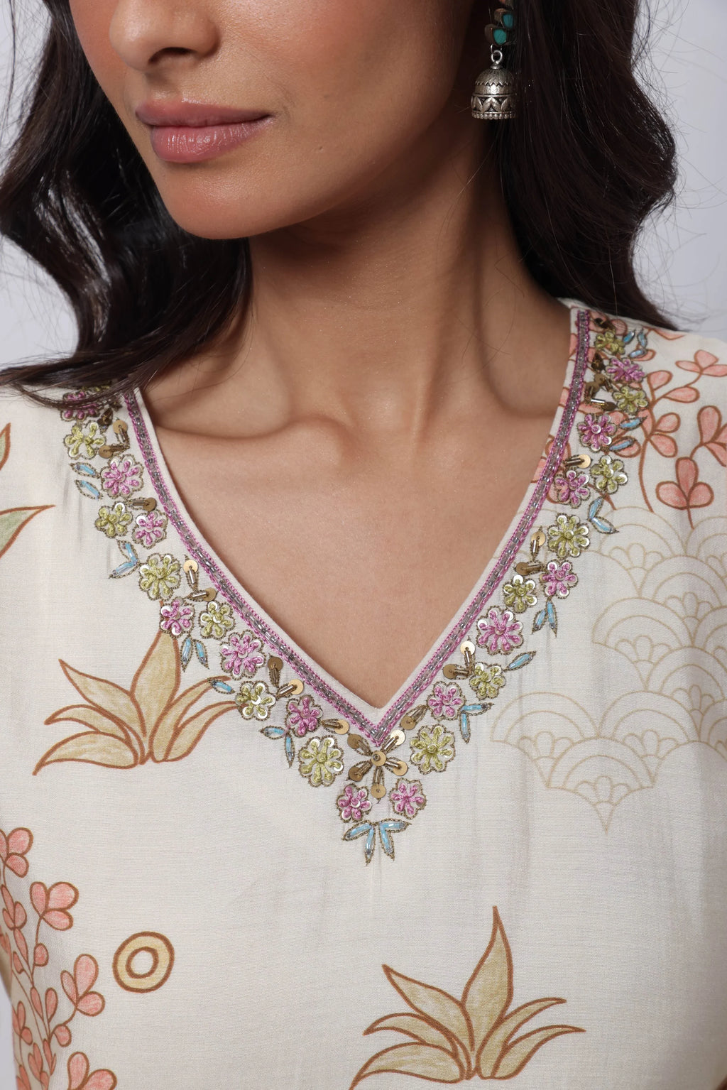 Printed Three Piece Suit Set in Ecru