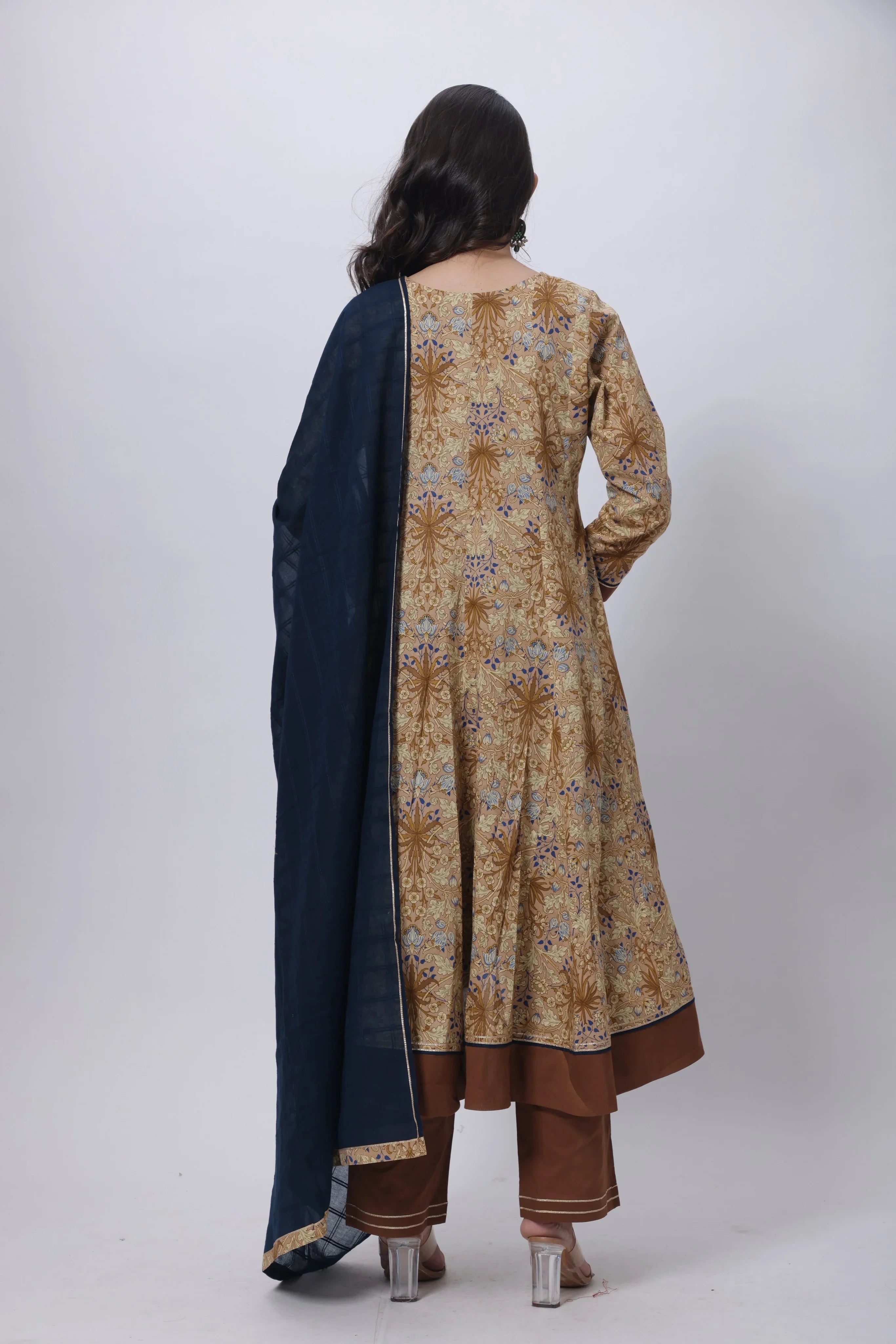 Three Piece Gown with a Contrast Dupatta in Brown and Blue