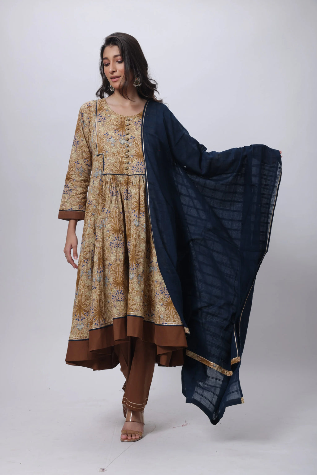 Three Piece Gown with a Contrast Dupatta in Brown and Blue