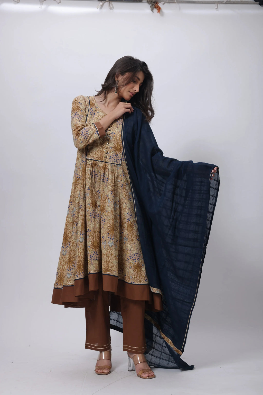 Three Piece Gown with a Contrast Dupatta in Brown and Blue