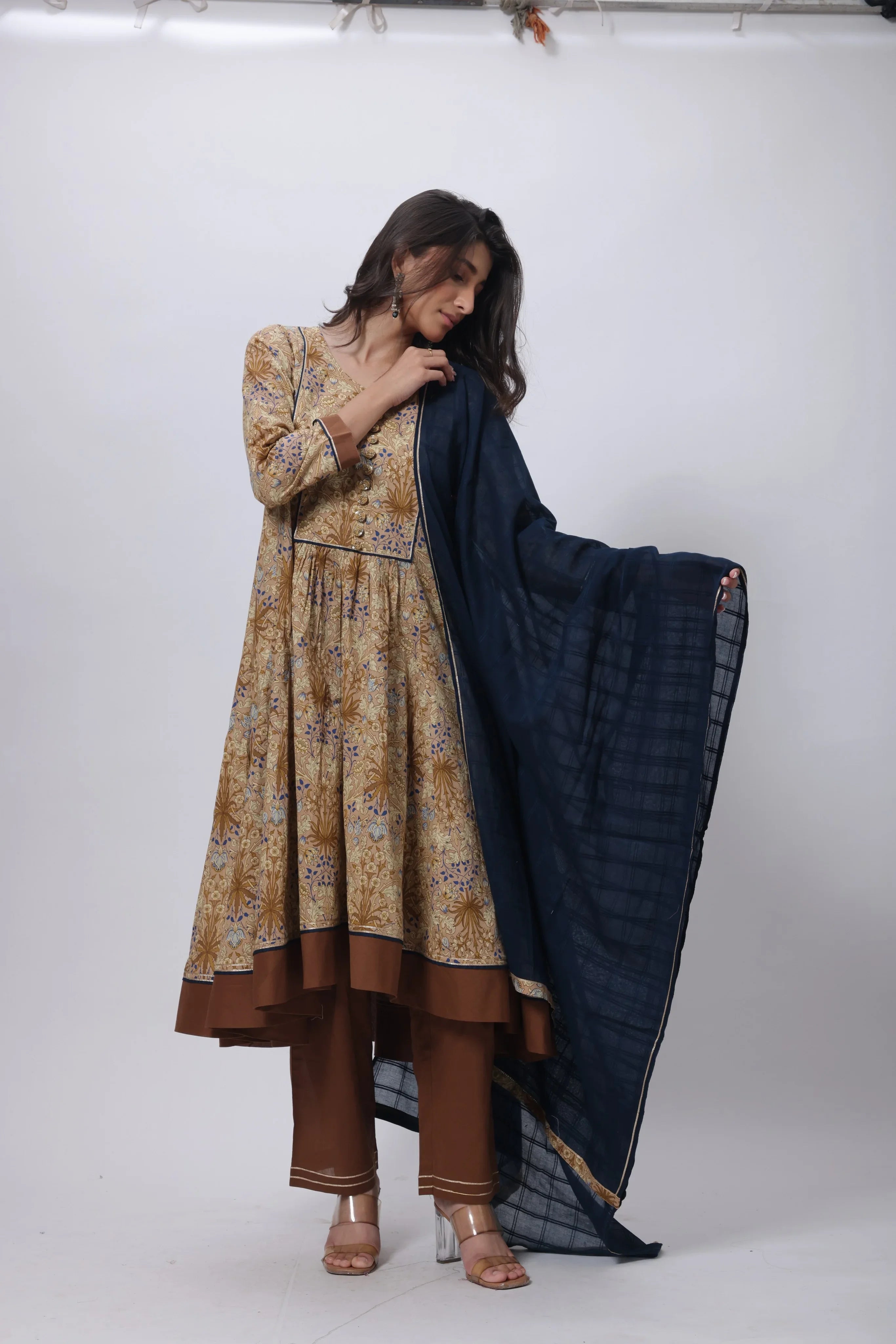 Three Piece Gown with a Contrast Dupatta in Brown and Blue