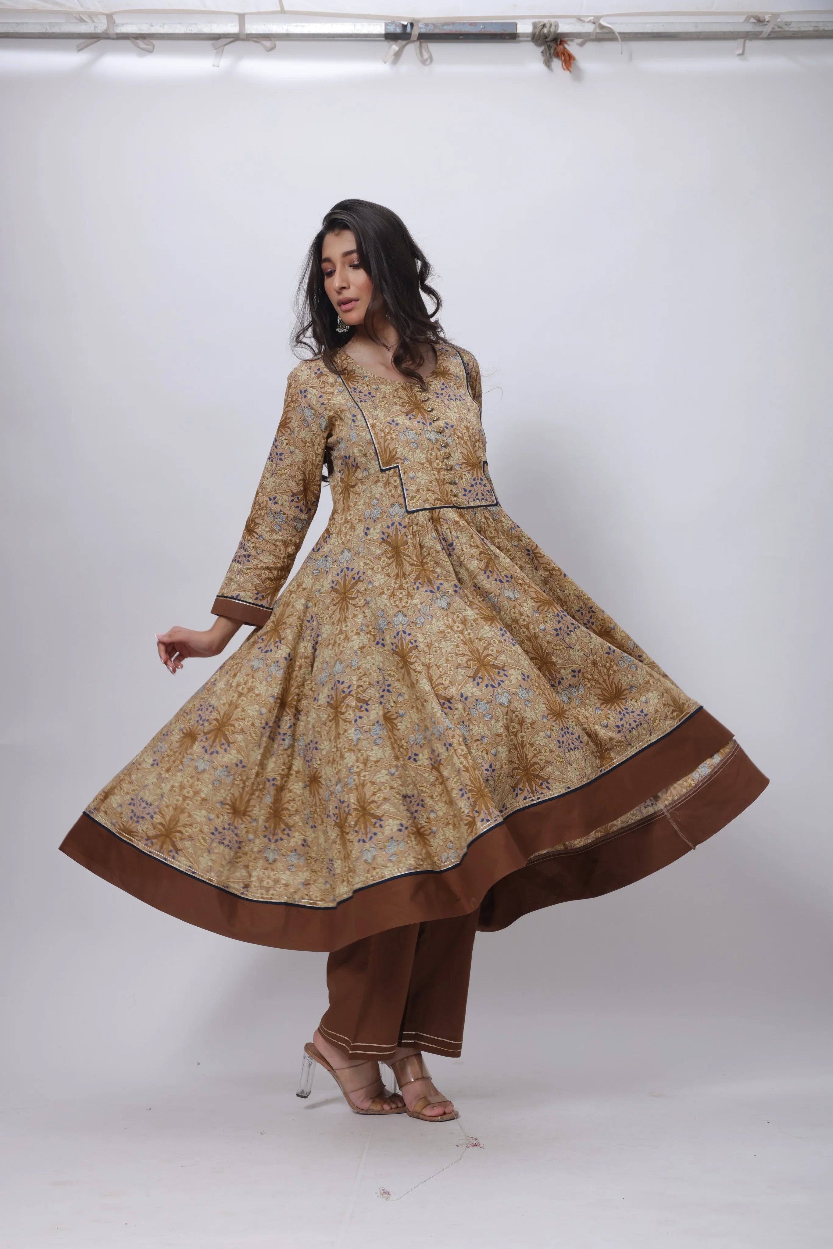 Three Piece Gown with a Contrast Dupatta in Brown and Blue