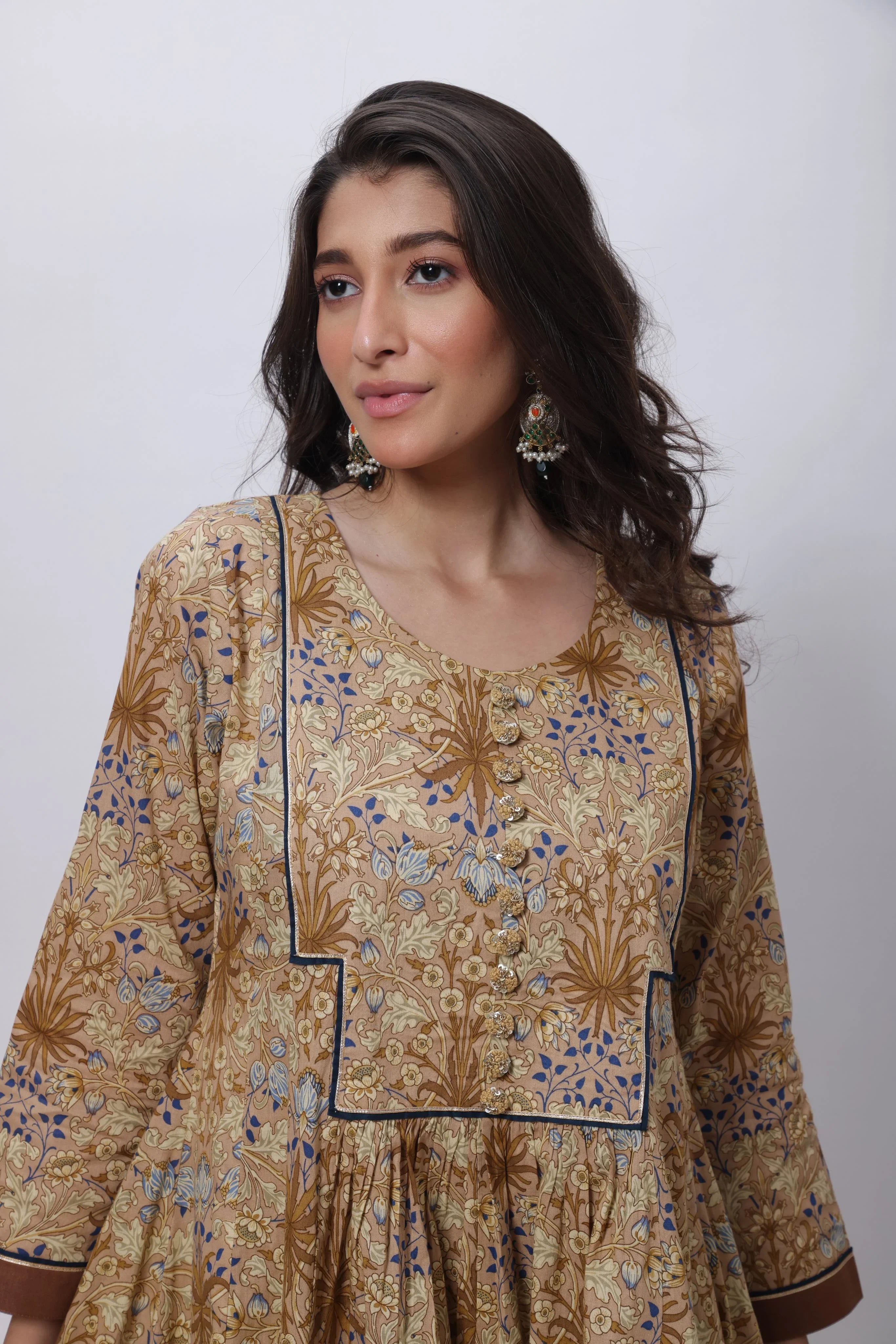 Three Piece Gown with a Contrast Dupatta in Brown and Blue