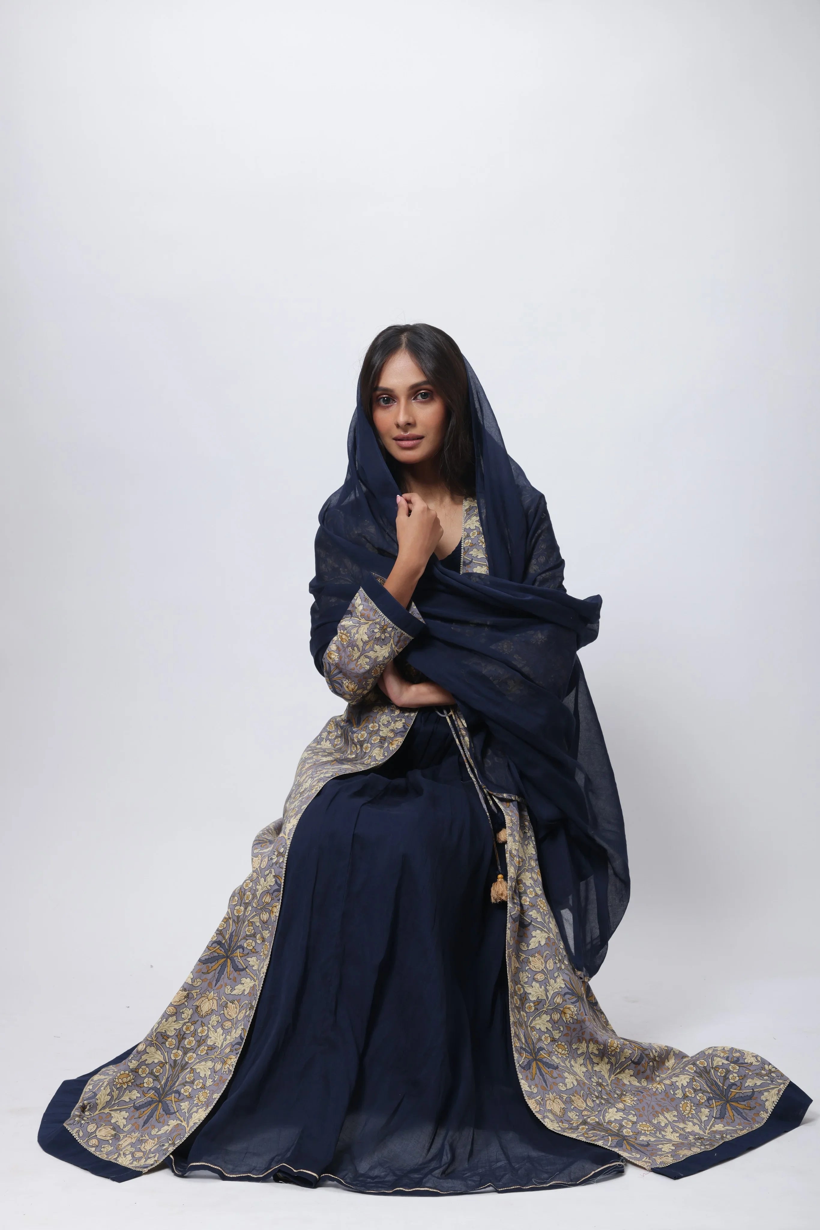 Printed Three Piece Gown in Blue